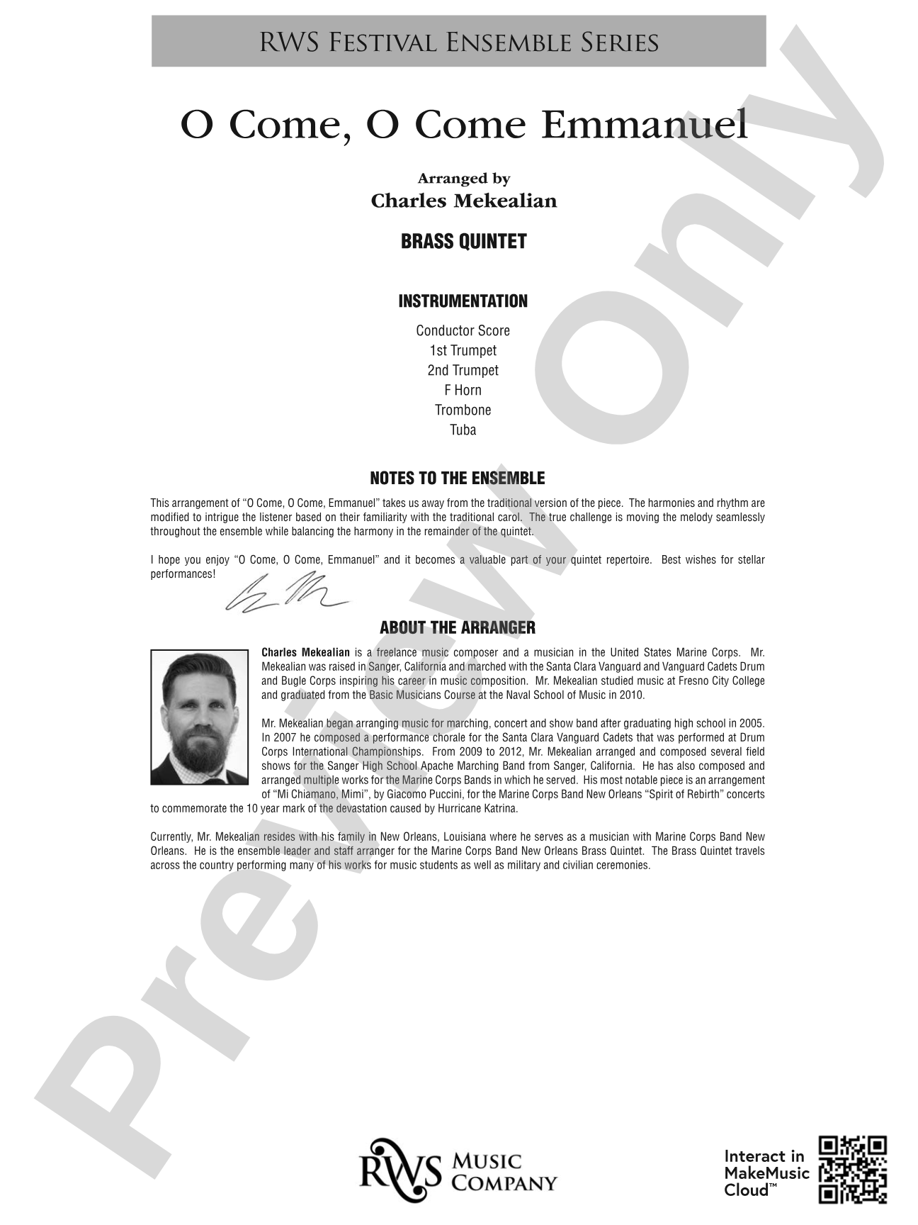O Come, O Come Emmanuel: Brass Quintet Conductor Score & Parts