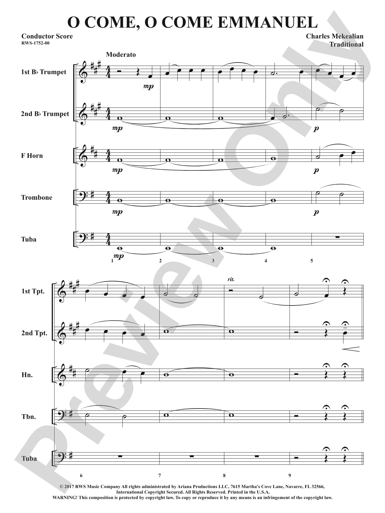 O Come, O Come Emmanuel: Brass Quintet Conductor Score & Parts