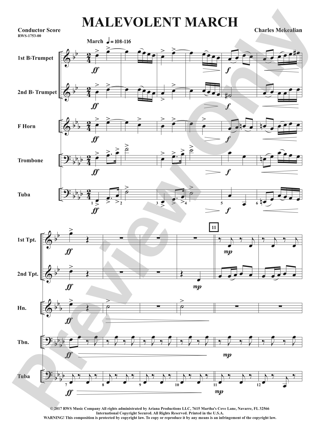 Malevolent March: Brass Quintet Conductor Score & Parts