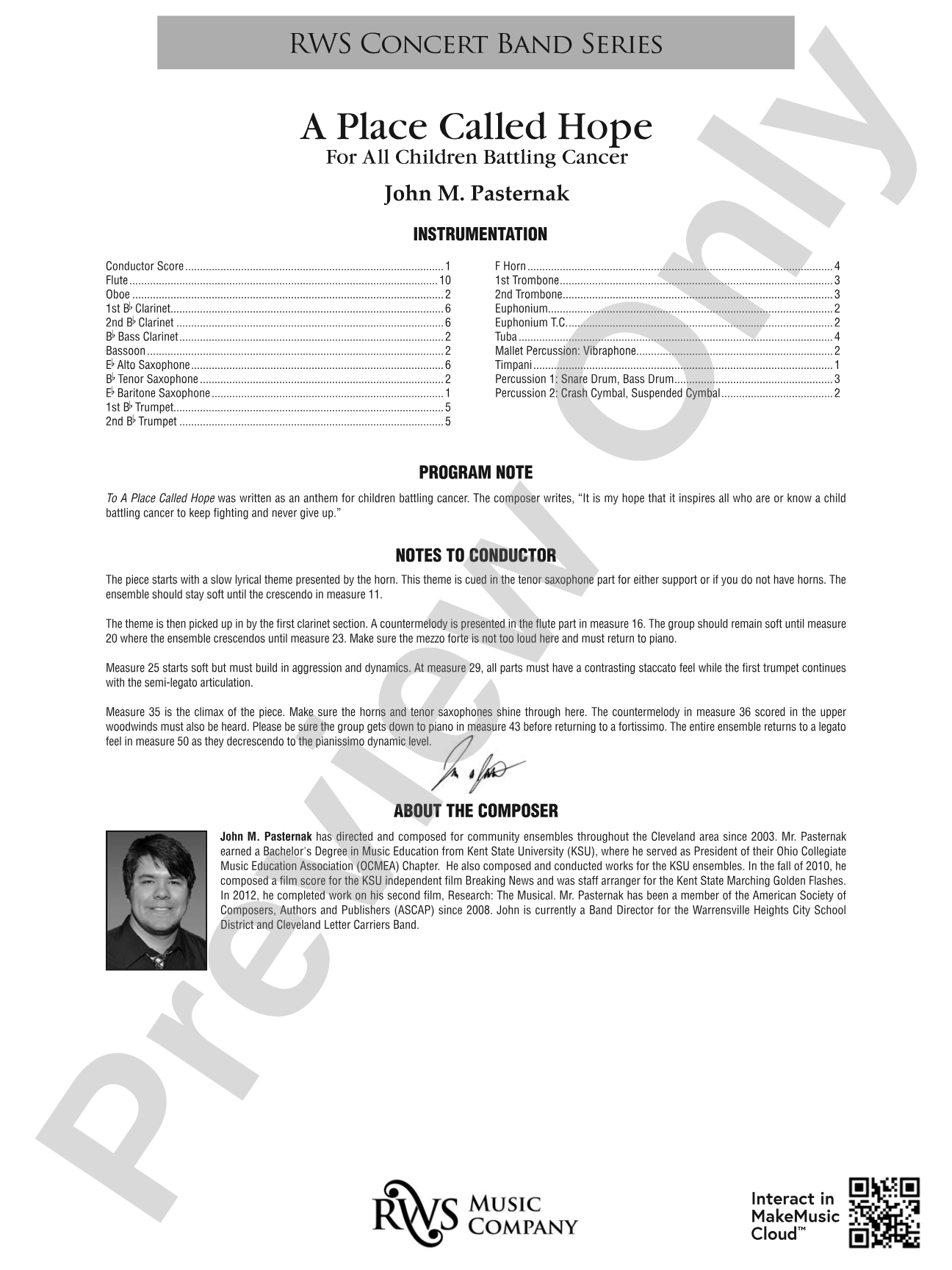 To a Place Called Hope - For All Children Battling Cancer: Concert Band Conductor Score & Parts
