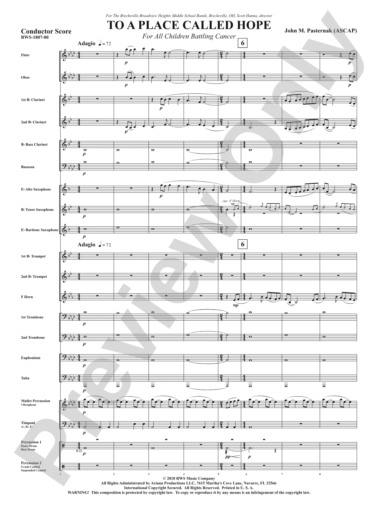 To a Place Called Hope - For All Children Battling Cancer: Concert Band Conductor Score & Parts