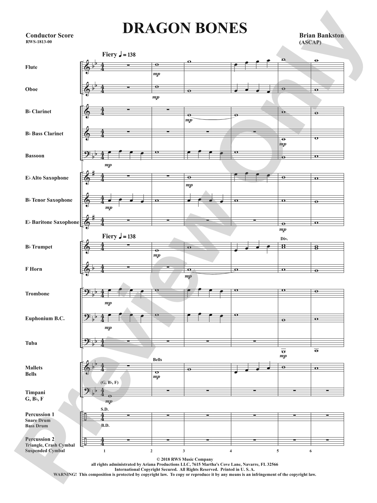 Dragon Bones: Concert Band Conductor Score & Parts