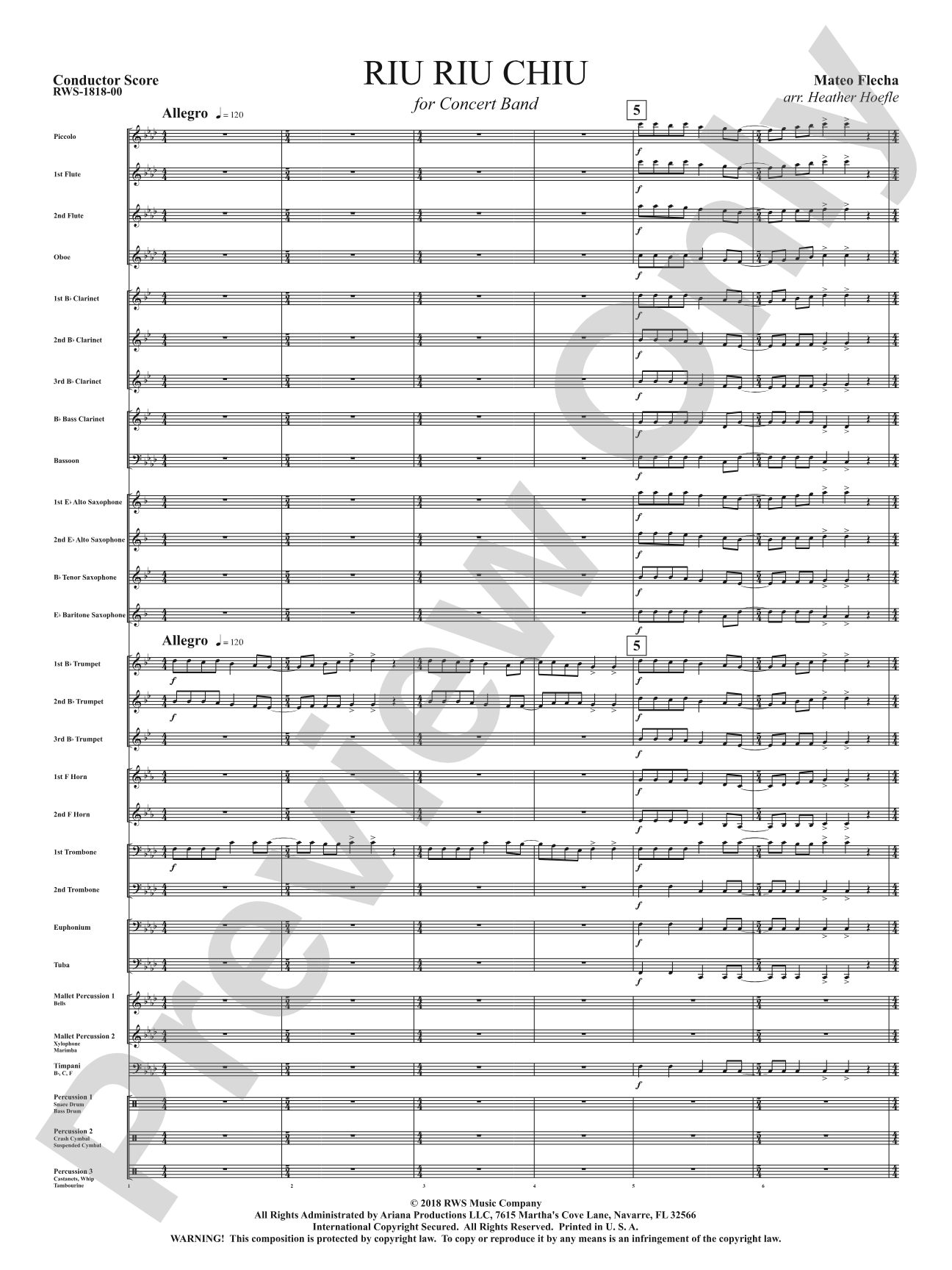 Riu Riu Chiu: Concert Band Conductor Score & Parts