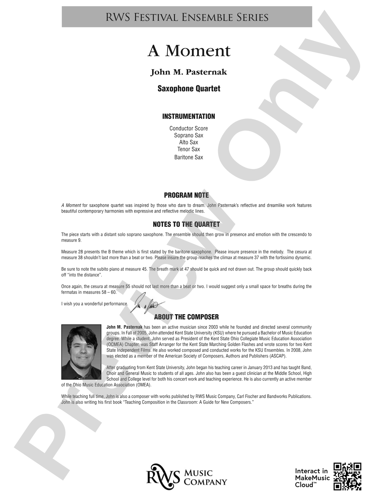 A Moment: Saxophone Quartet Conductor Score & Parts