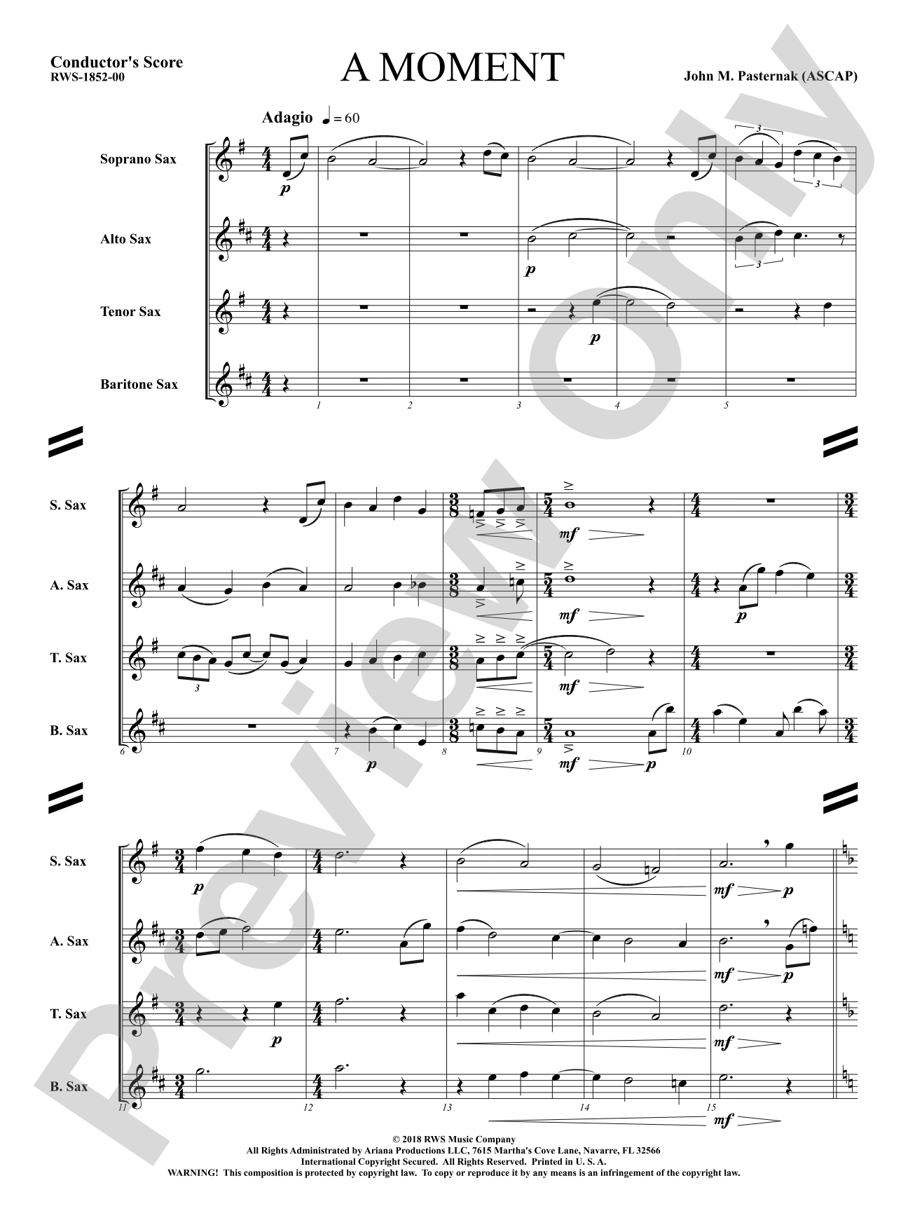 A Moment: Saxophone Quartet Conductor Score & Parts