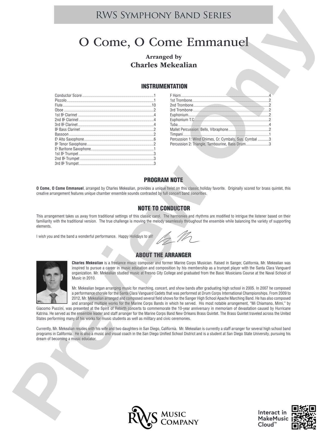 O Come, O Come Emmanuel: Concert Band Conductor Score & Parts