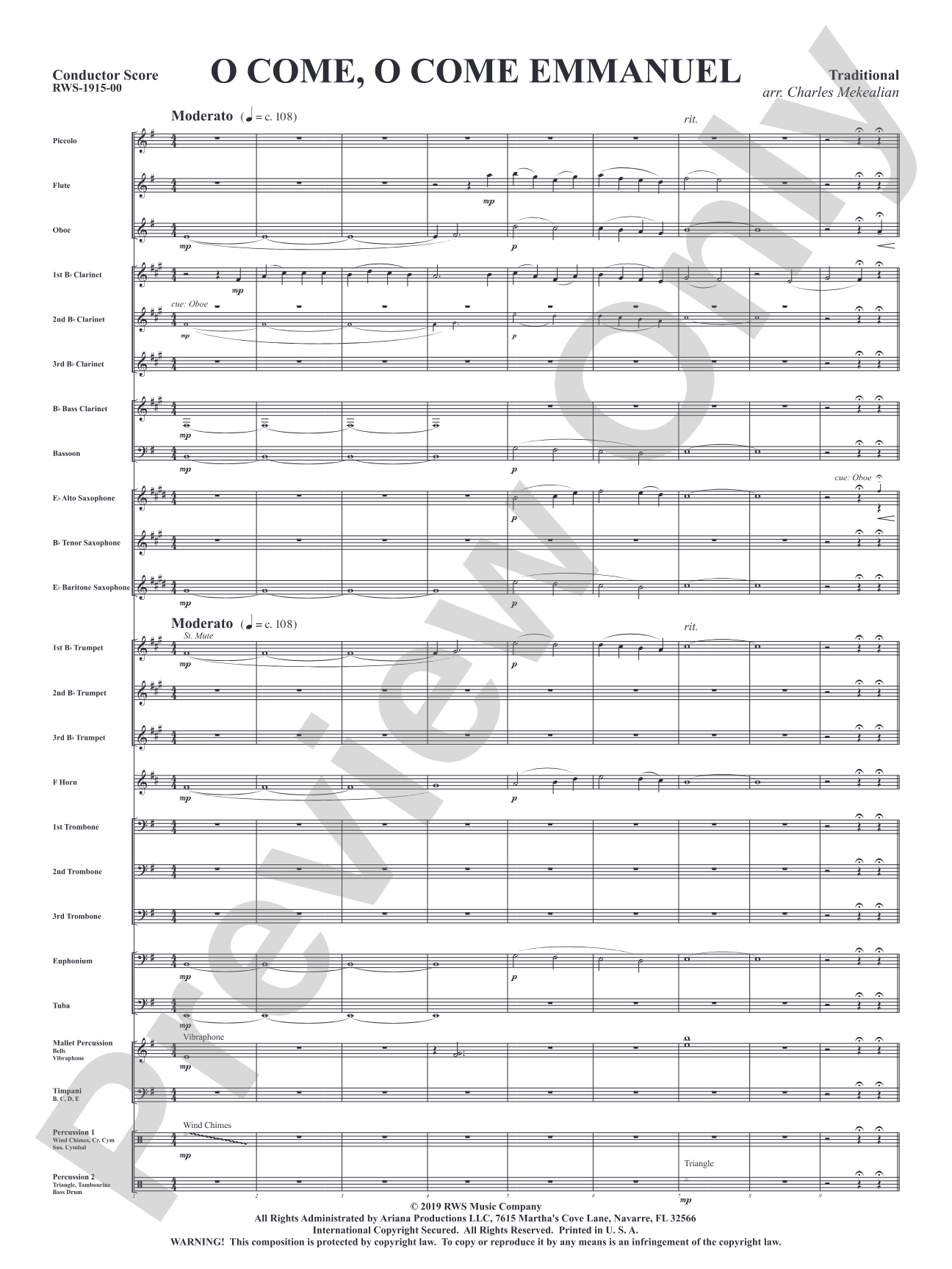 O Come, O Come Emmanuel: Concert Band Conductor Score & Parts