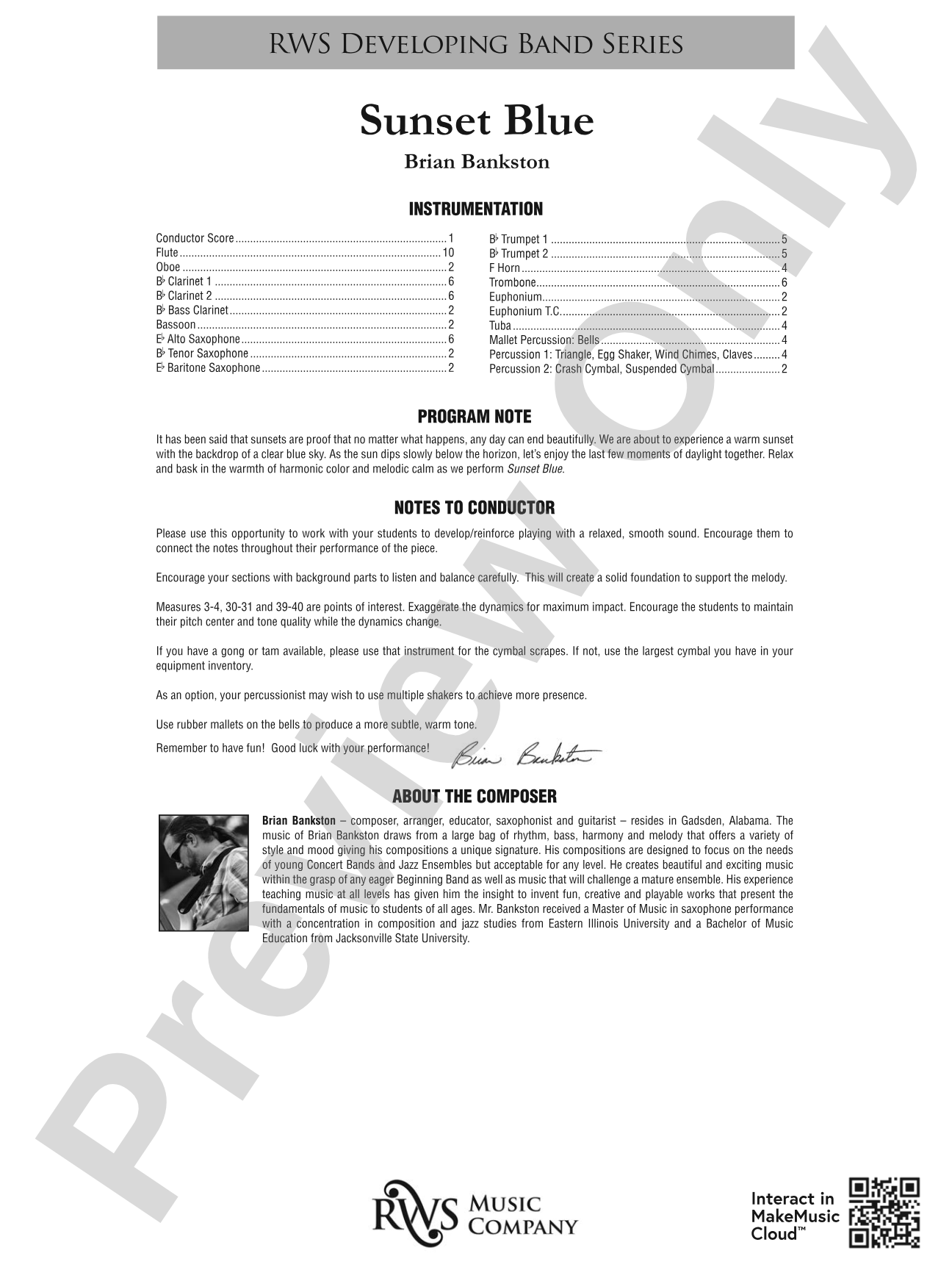 Sunset Blue: Concert Band Conductor Score & Parts