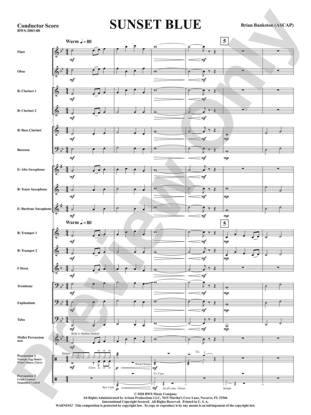 Sunset Blue: Concert Band Conductor Score & Parts