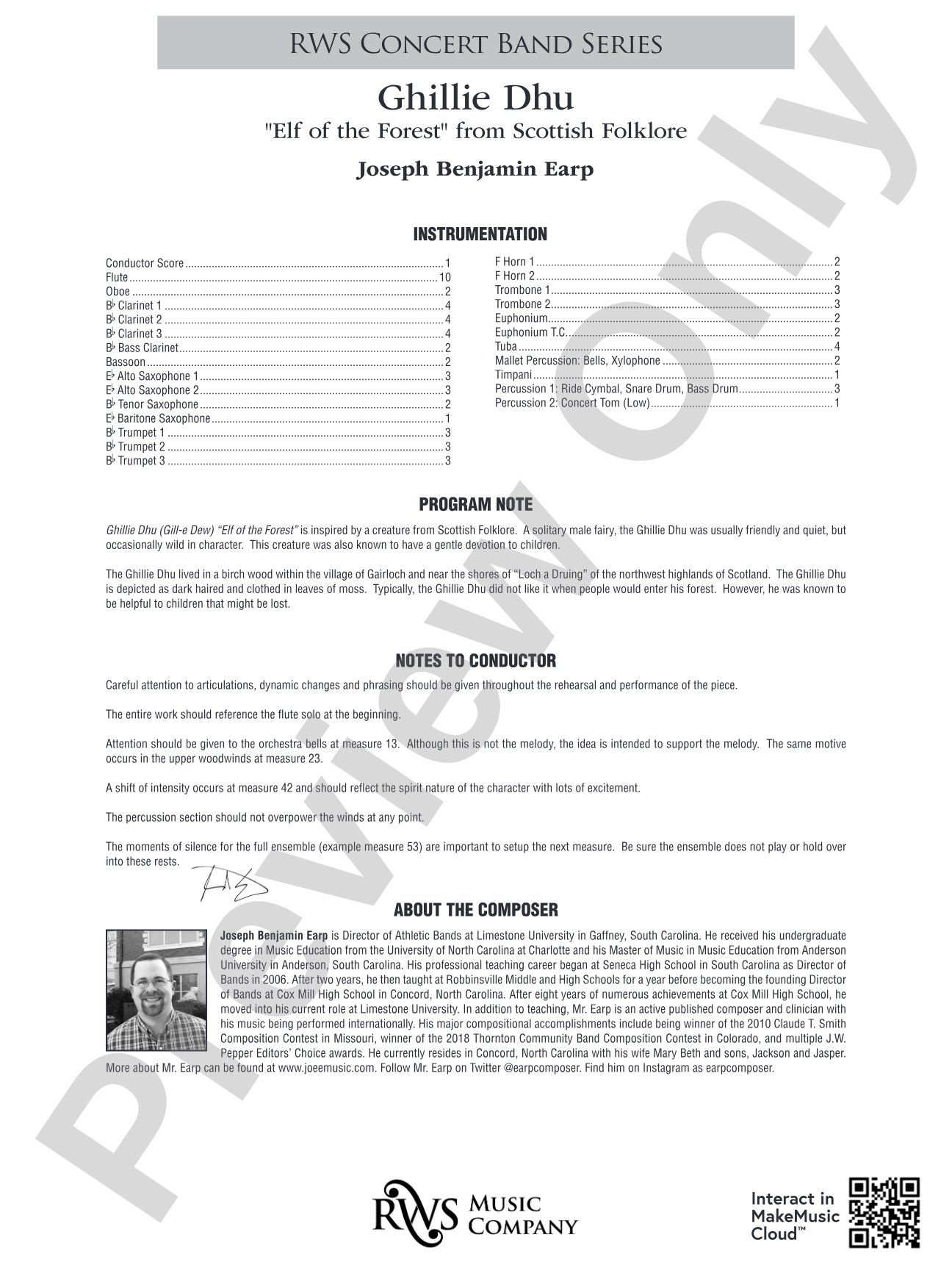 Ghillie Dhu - "Elf of the Forest" from Scottish Folklore: Concert Band Conductor Score & Parts