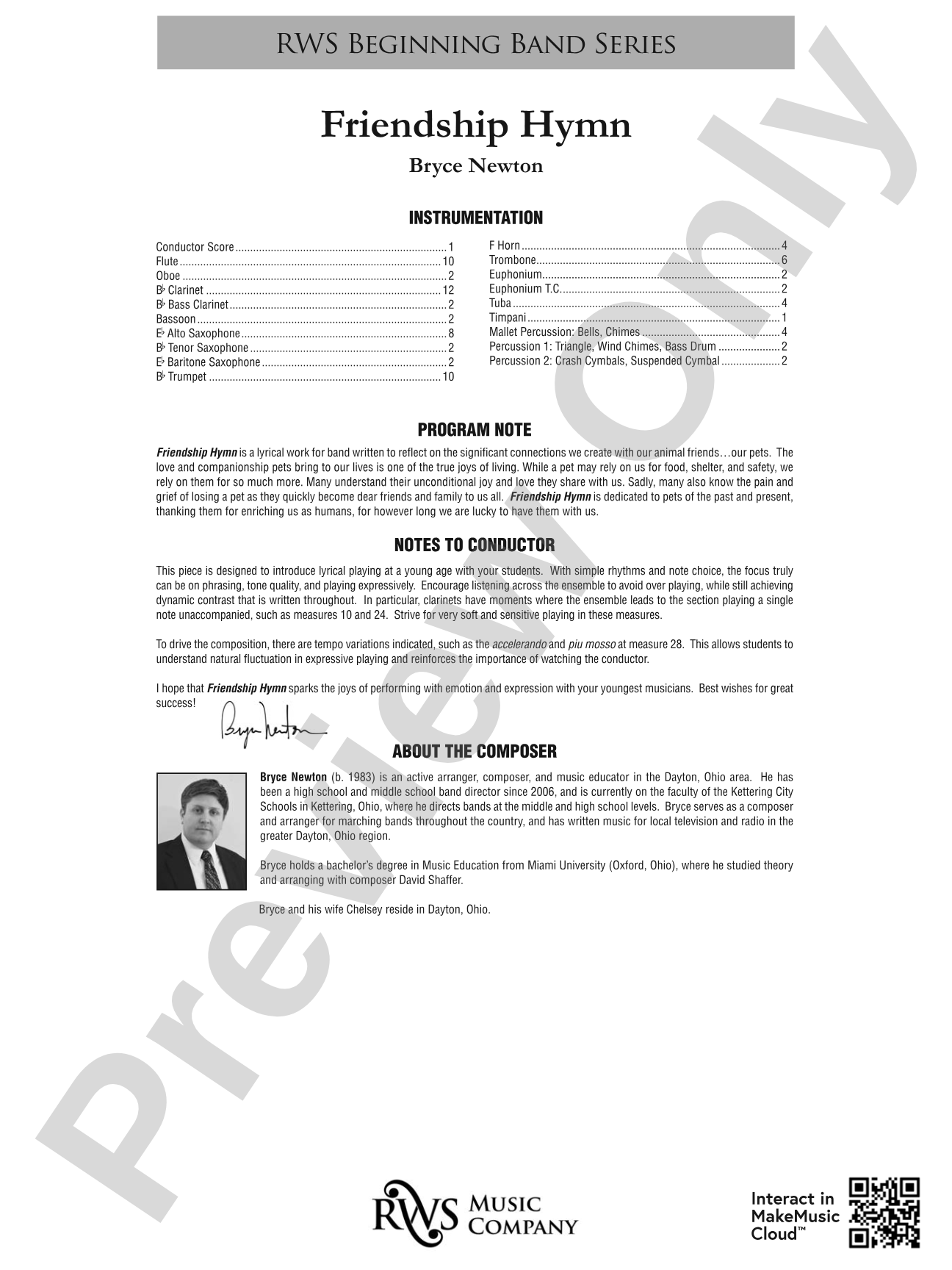 Friendship Hymn: Concert Band Conductor Score & Parts