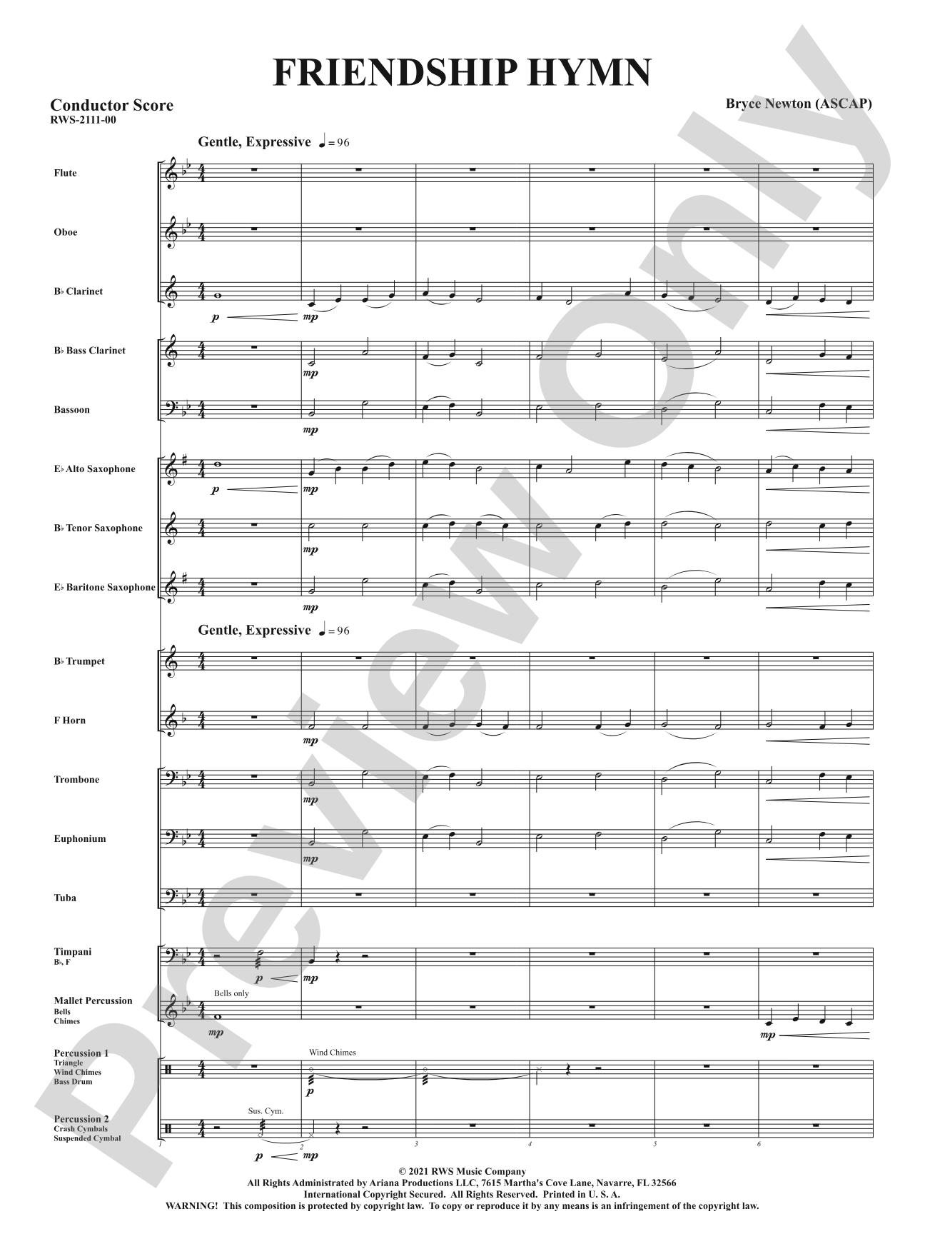 Friendship Hymn: Concert Band Conductor Score & Parts