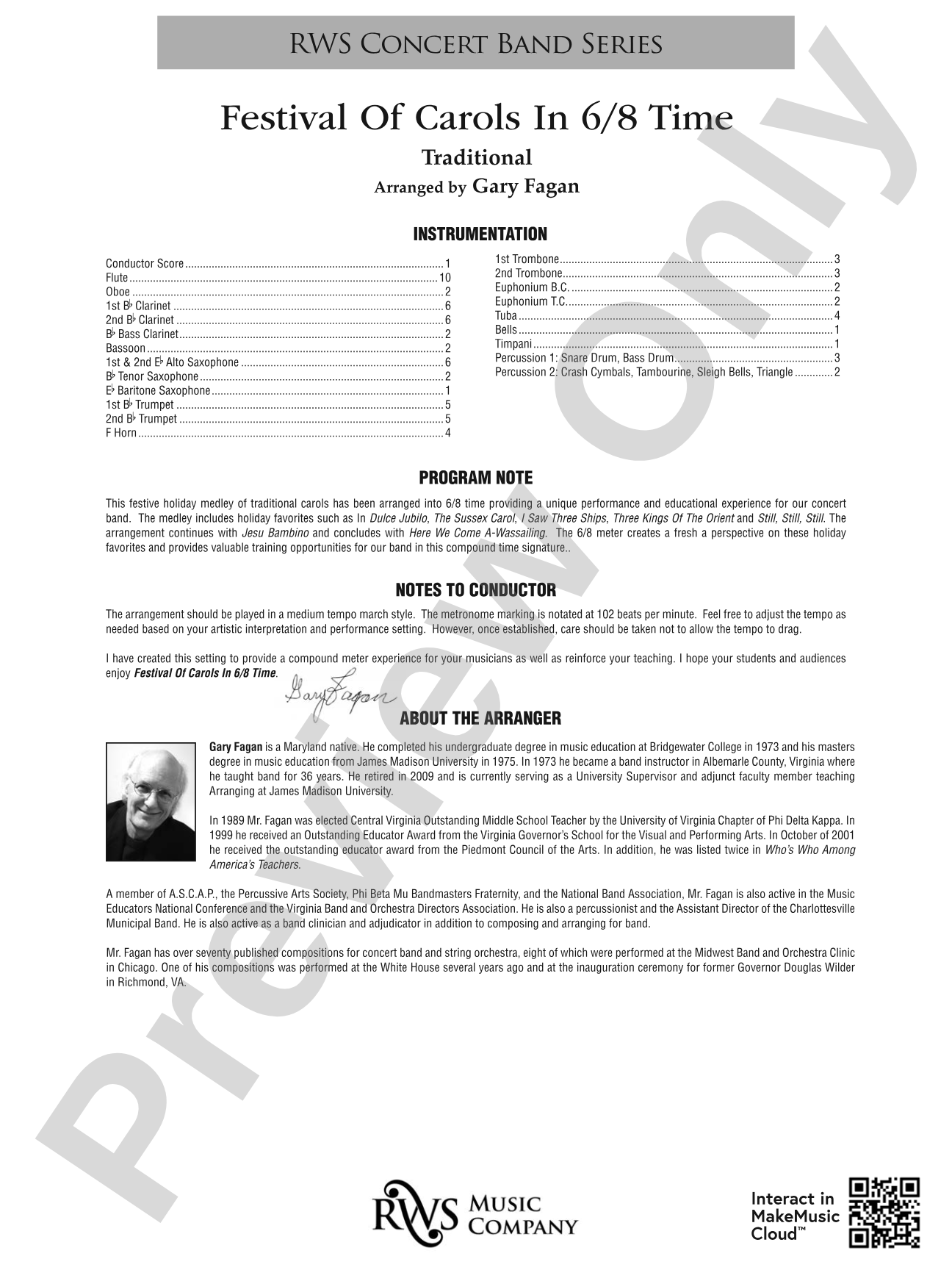 Festival of Carols in 6/8 Time: Concert Band Conductor Score & Parts