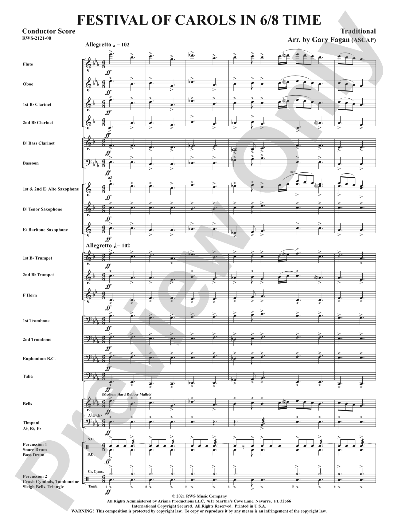 Festival of Carols in 6/8 Time: Concert Band Conductor Score & Parts