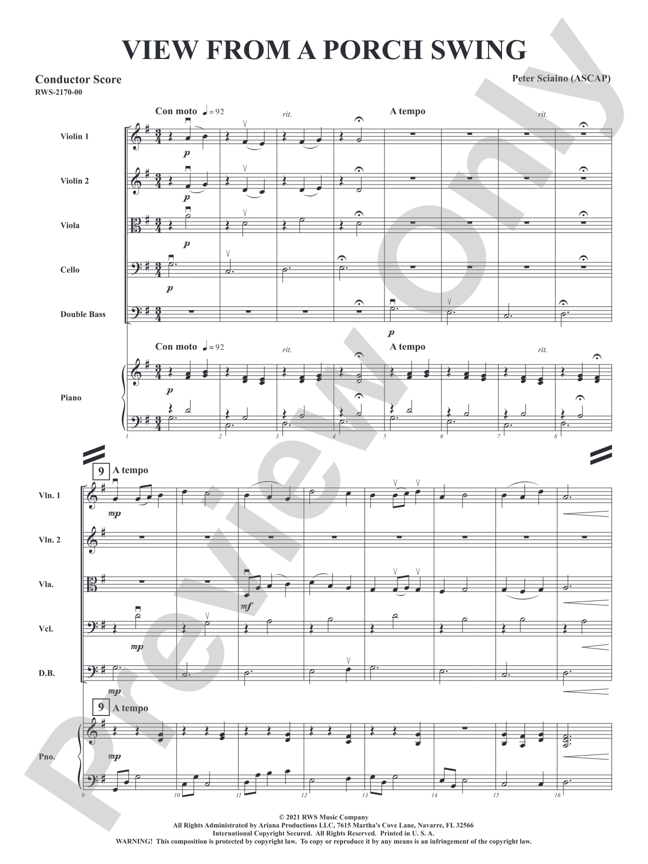 View from a Porch Swing: String Orchestra Conductor Score & Parts