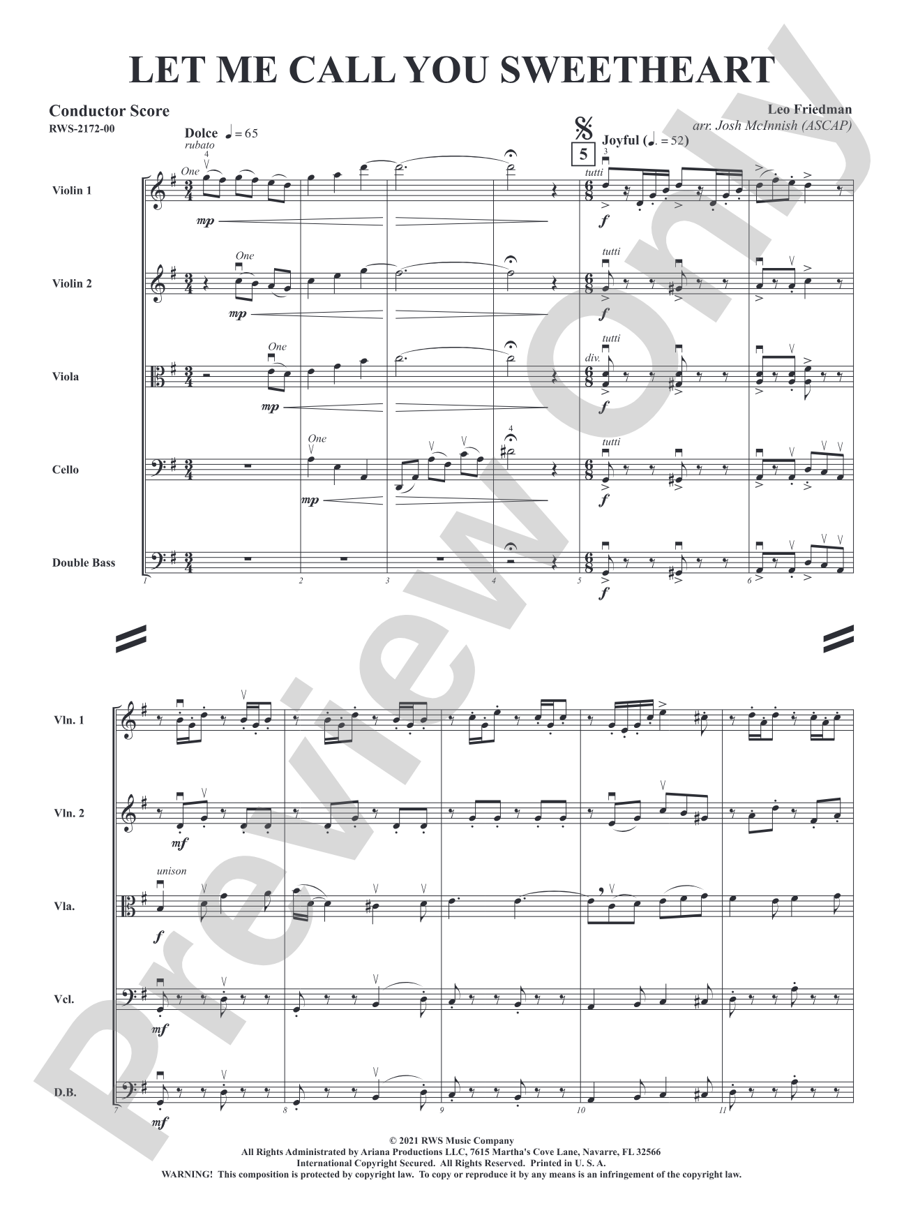 Let Me Call You Sweetheart: String Orchestra Conductor Score & Parts