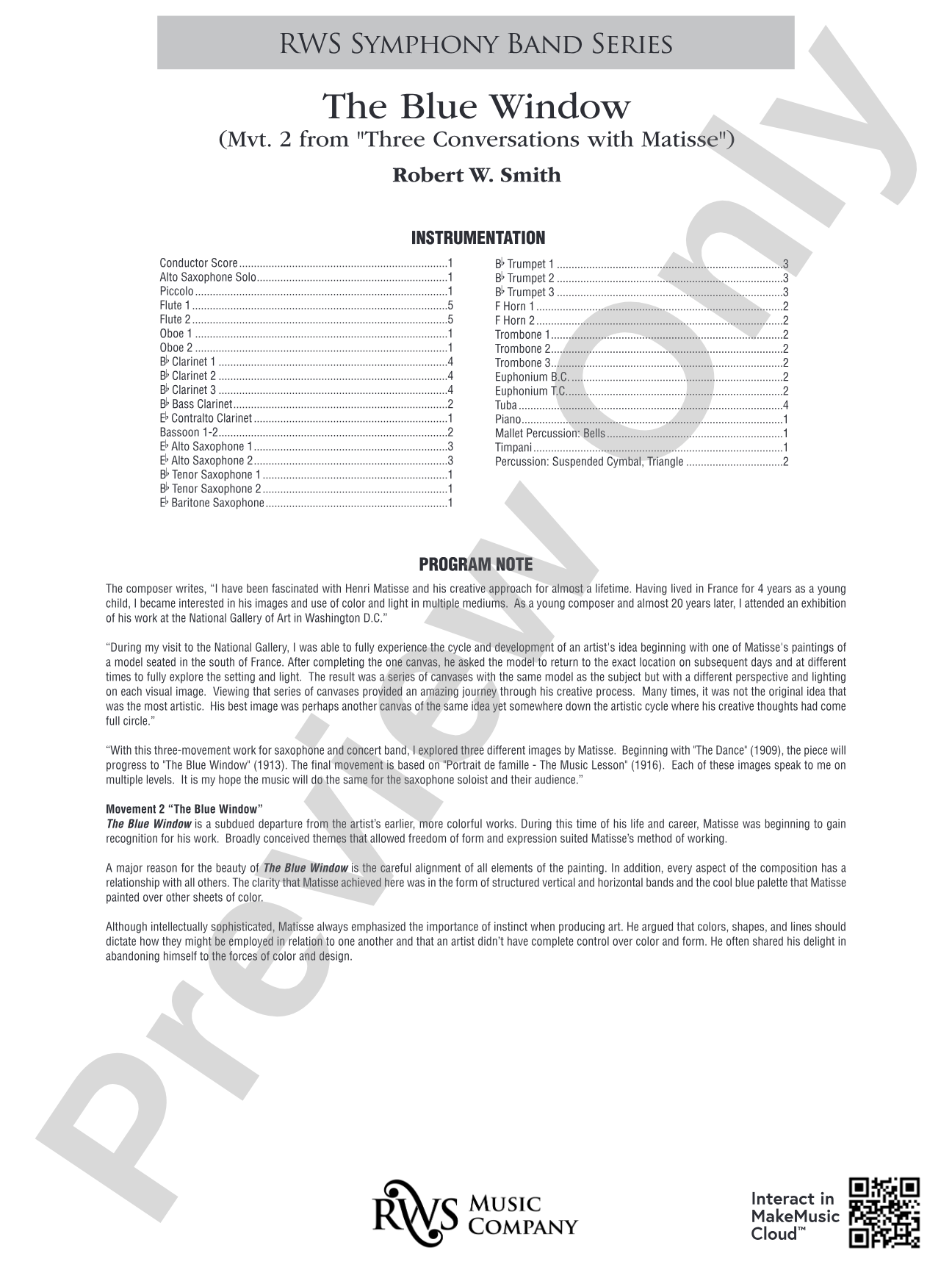 The Blue Window - Mvt. 2 from <i>Three Conversations with Matisse</i>: Concert Band Conductor Score & Parts
