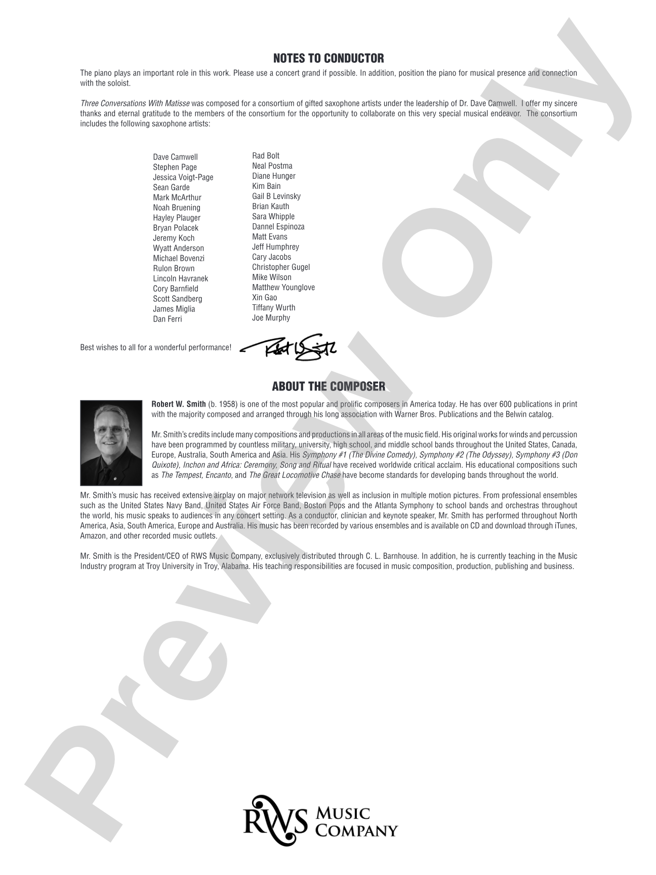 The Blue Window - Mvt. 2 from <i>Three Conversations with Matisse</i>: Concert Band Conductor Score & Parts
