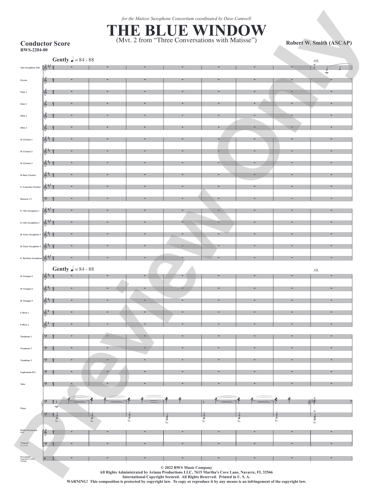 The Blue Window - Mvt. 2 from <i>Three Conversations with Matisse</i>: Concert Band Conductor Score & Parts