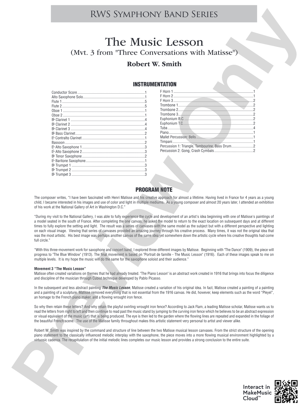 The Music Lesson - Mvt. 3 from <i>Three Conversations with Matisse</i>: Concert Band Conductor Score & Parts
