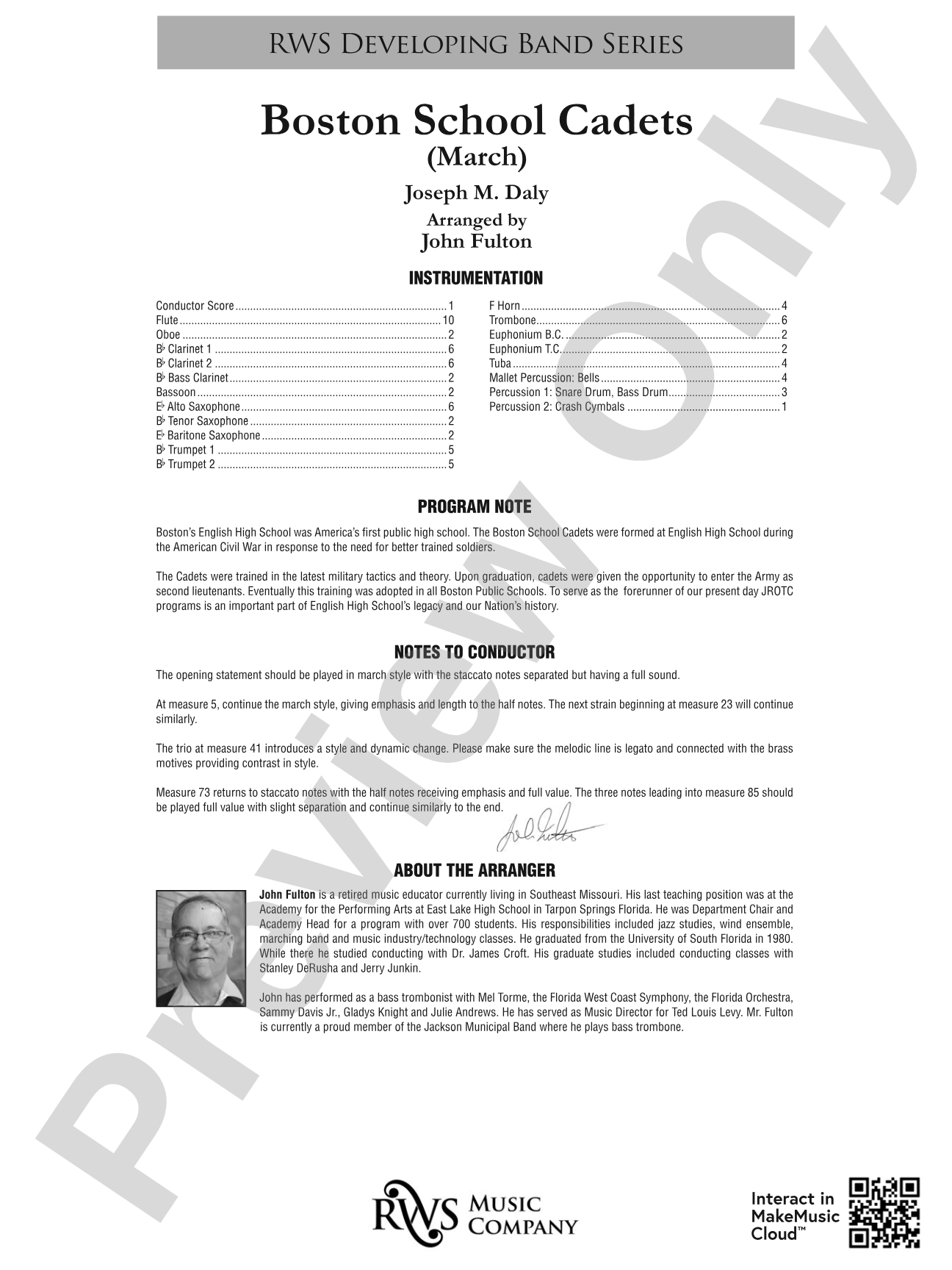 Boston School Cadets - March: Concert Band Conductor Score & Parts