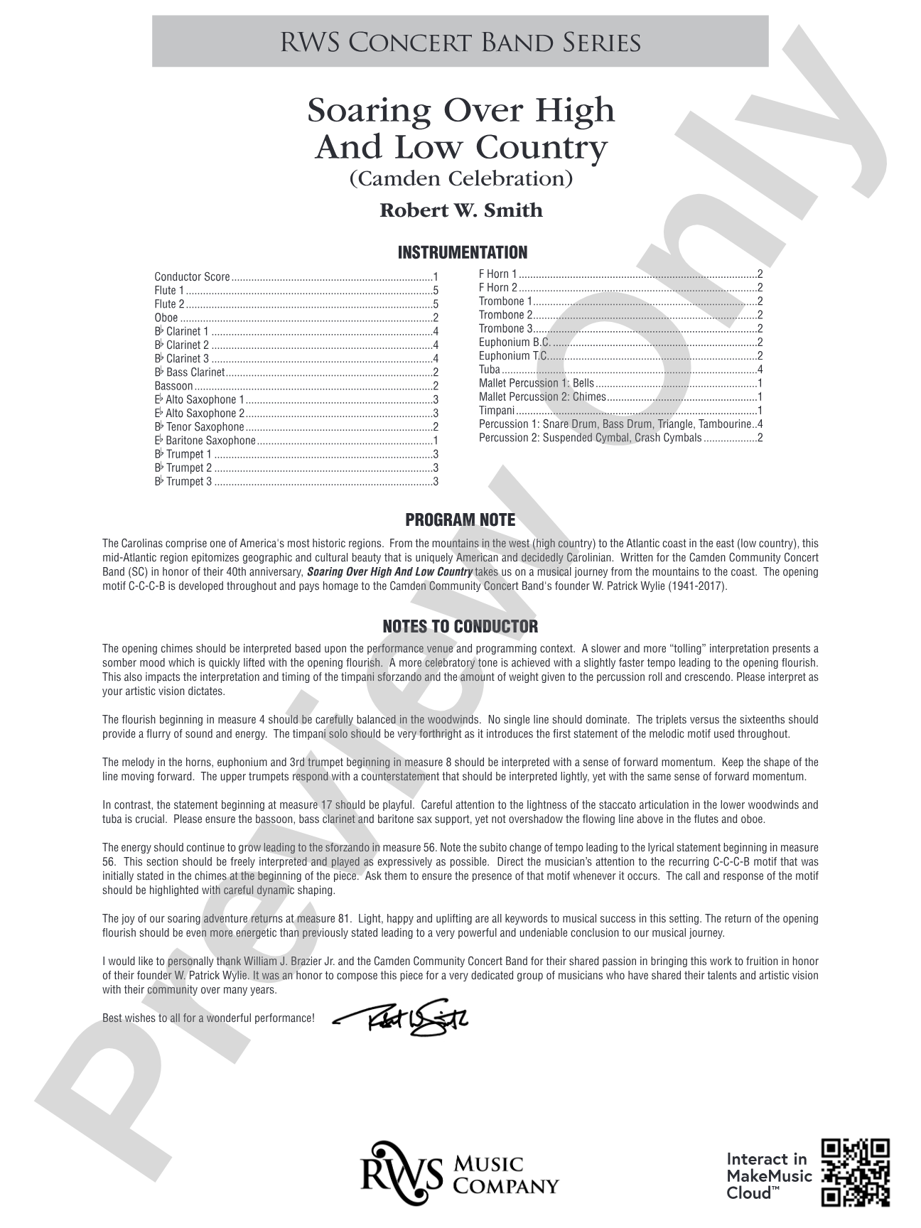 Soaring Over High and Low Country - Camden Celebration: Concert Band Conductor Score & Parts