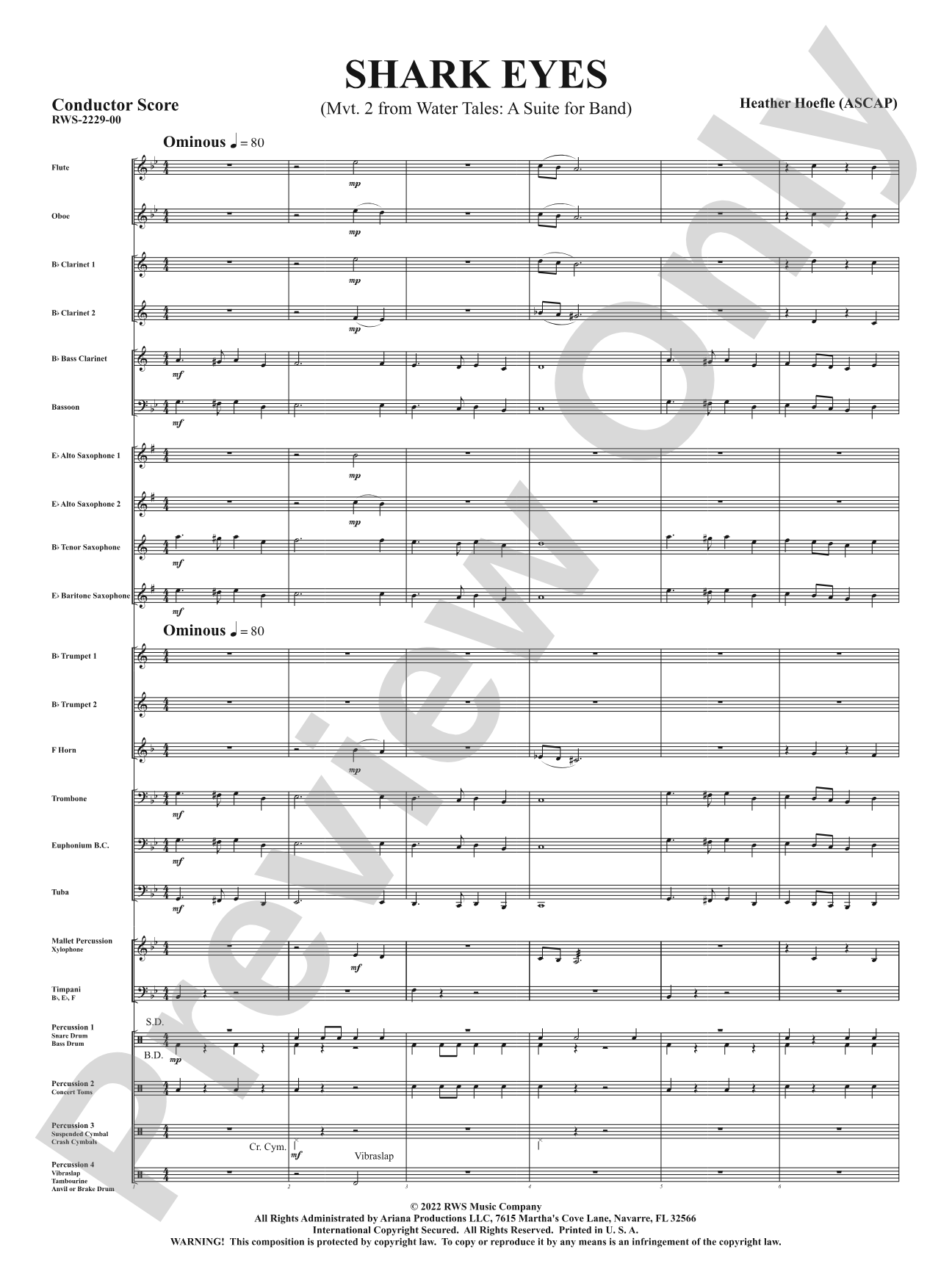 Shark Eyes - Mvt. 2 from <i>Water Tales: A Suite for Band</i>: Concert Band Conductor Score & Parts