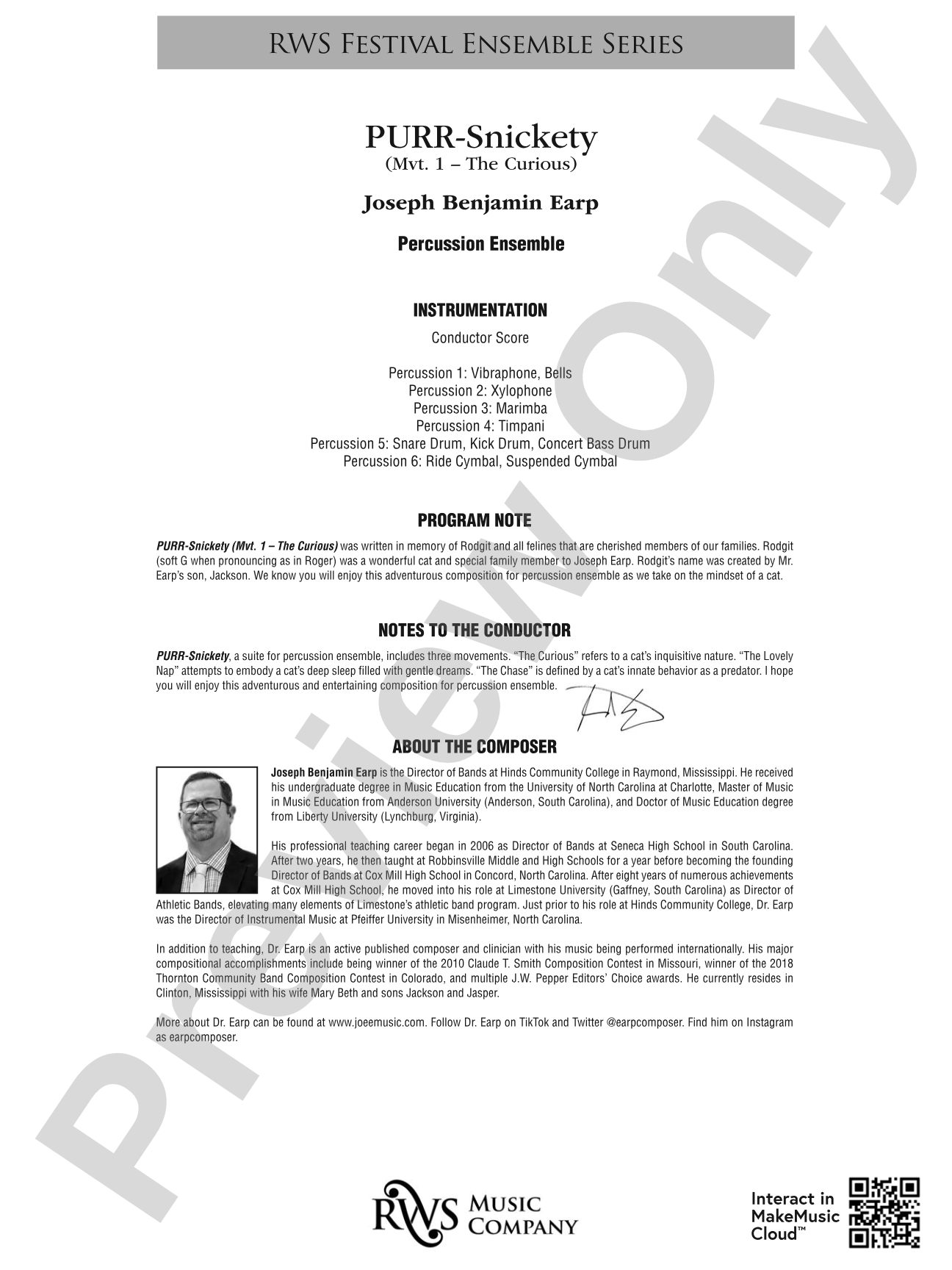 PURR-Snickety - Mvt 1. - The Curious: Percussion Ensemble Conductor Score & Parts