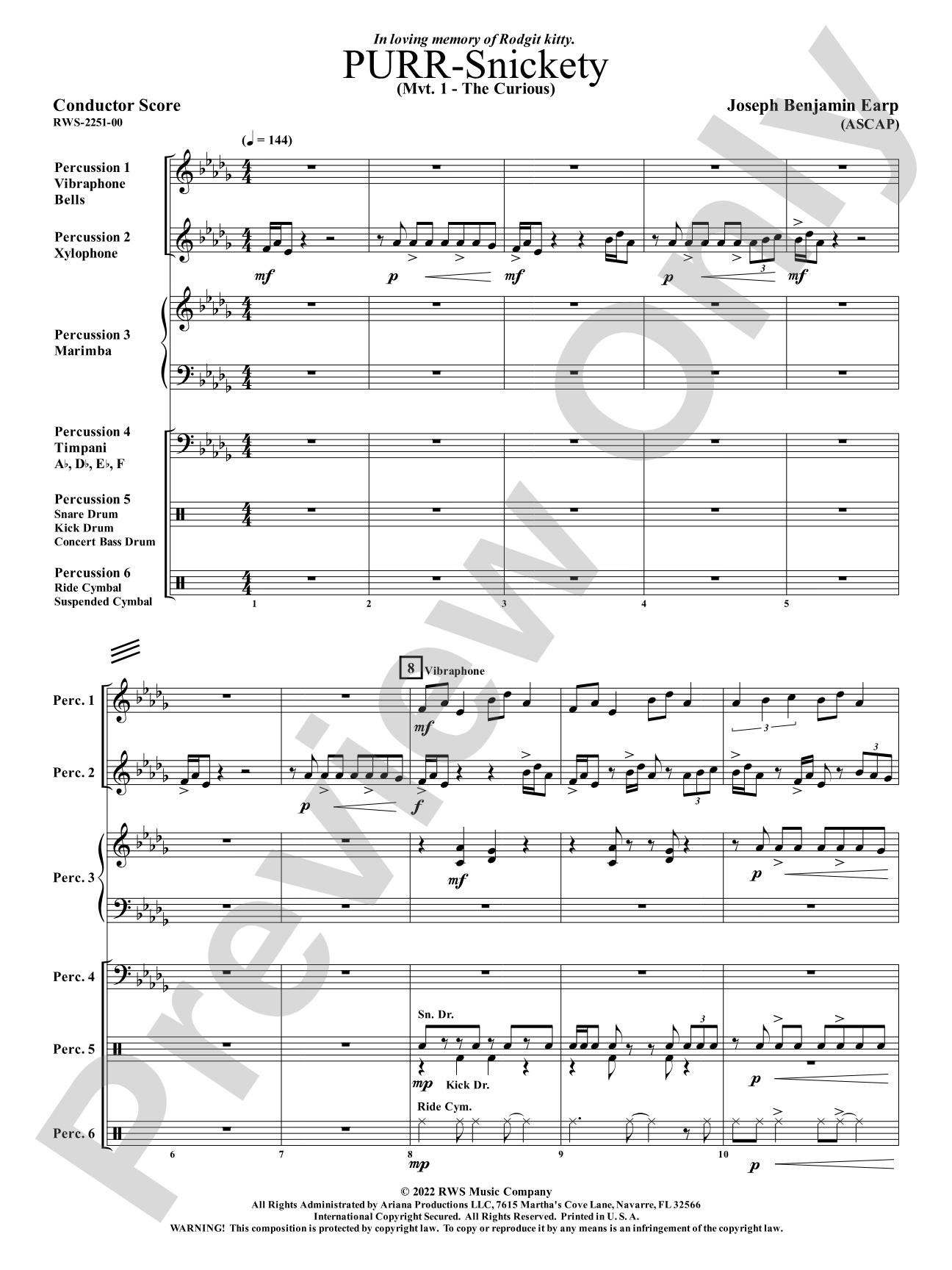 PURR-Snickety - Mvt 1. - The Curious: Percussion Ensemble Conductor Score & Parts