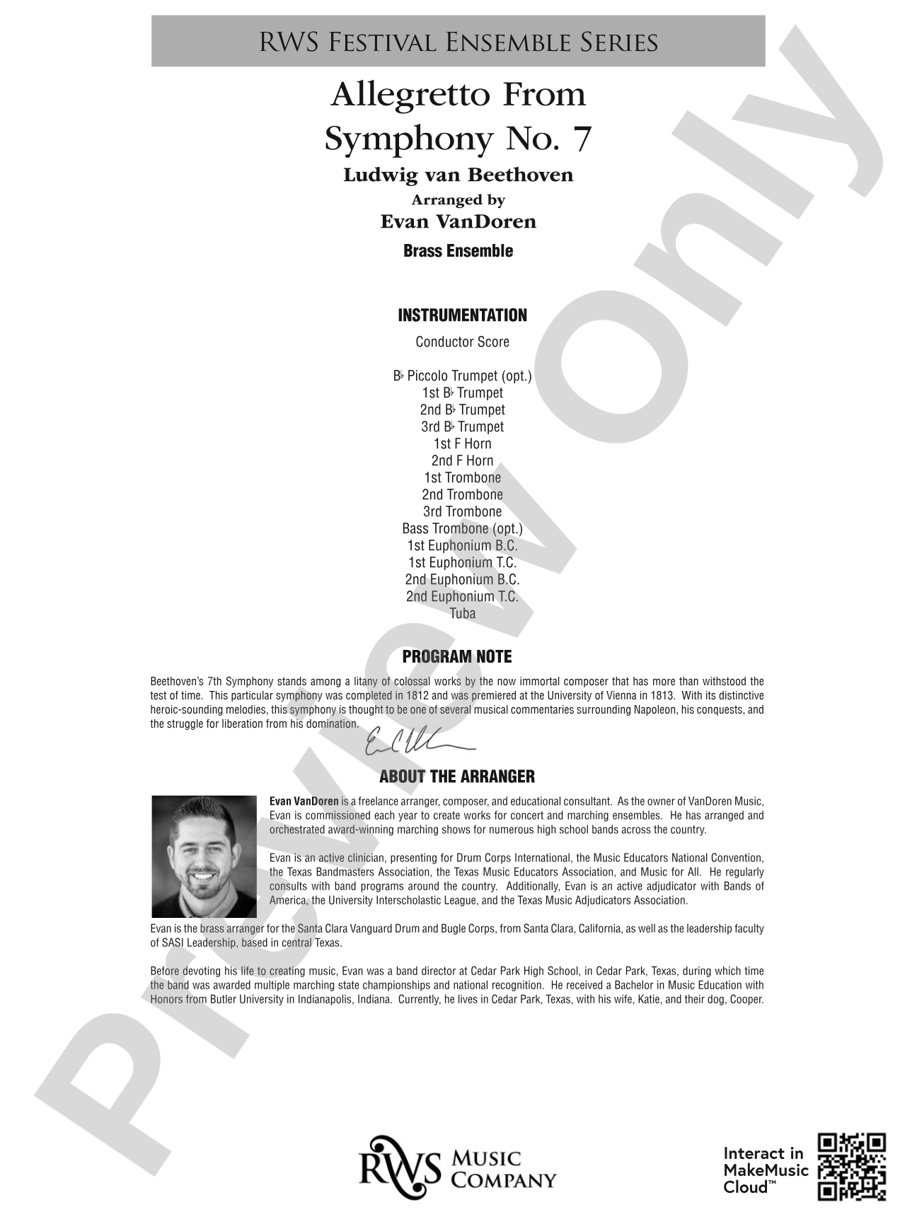 Allegretto from <i>Symphony No. 7</i> - Brass Ensemble: Brass Ensemble Conductor Score & Parts