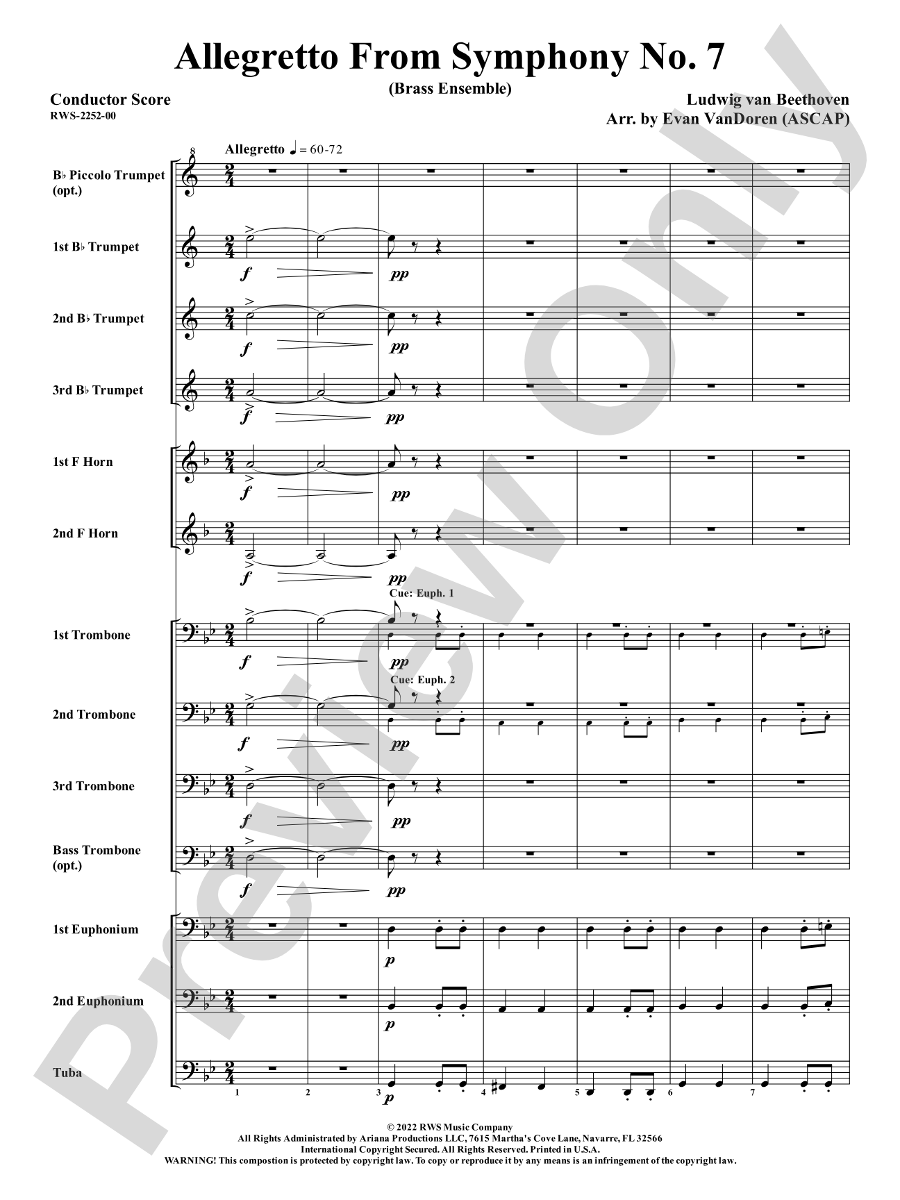 Allegretto from <i>Symphony No. 7</i> - Brass Ensemble: Brass Ensemble Conductor Score & Parts