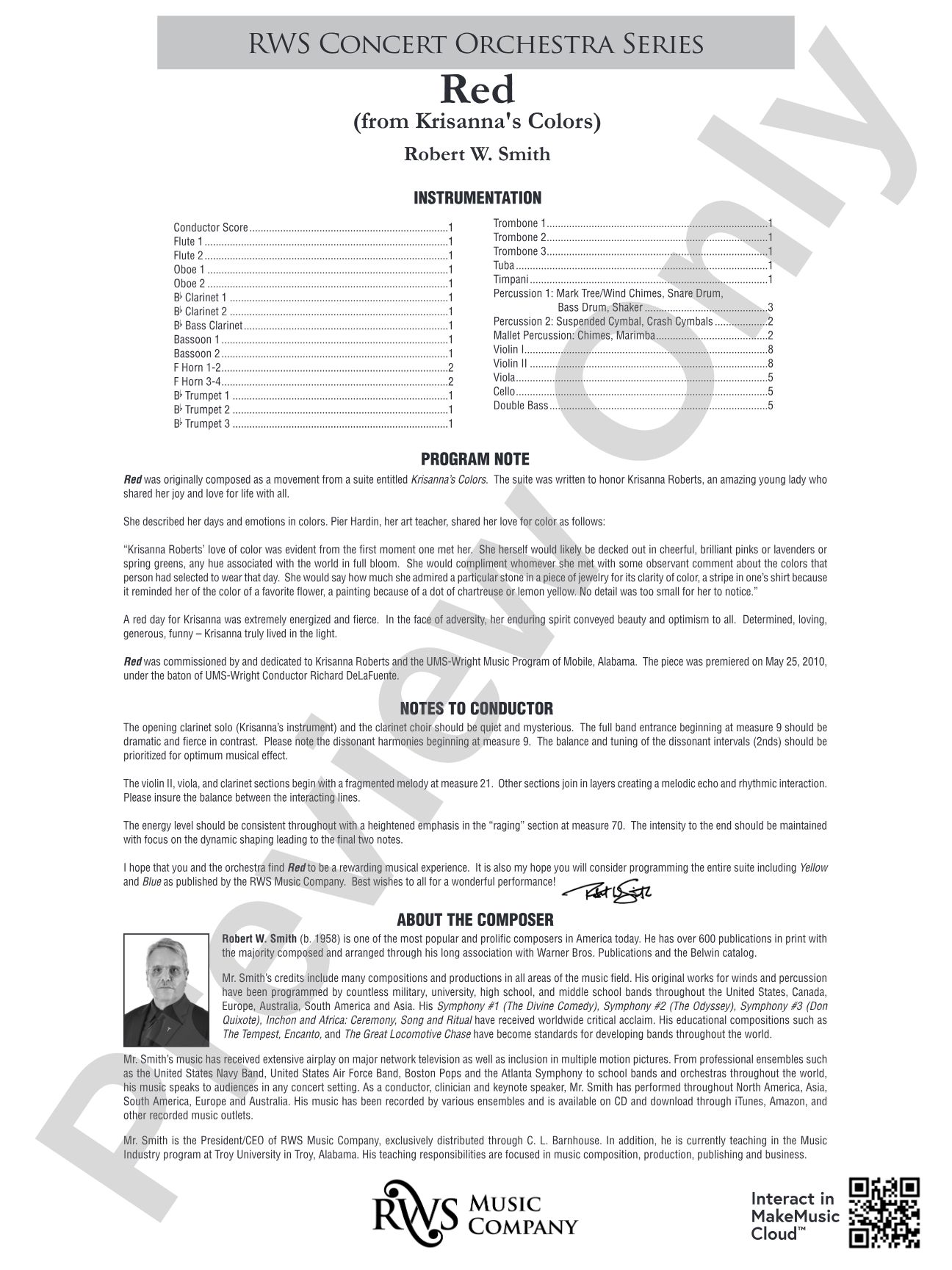 Red - From Krisanna's Colors: Full Orchestra Conductor Score & Parts