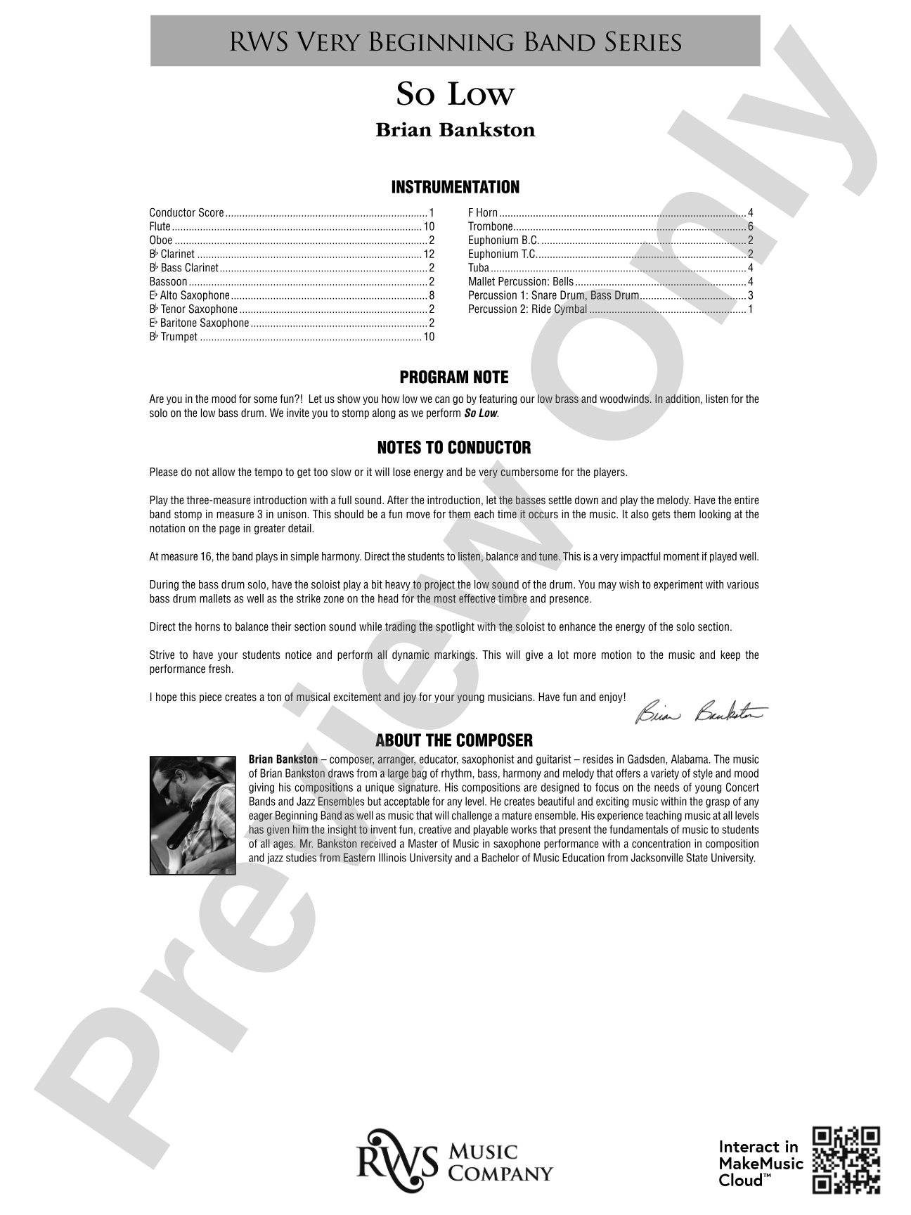 So Low: Concert Band Conductor Score & Parts