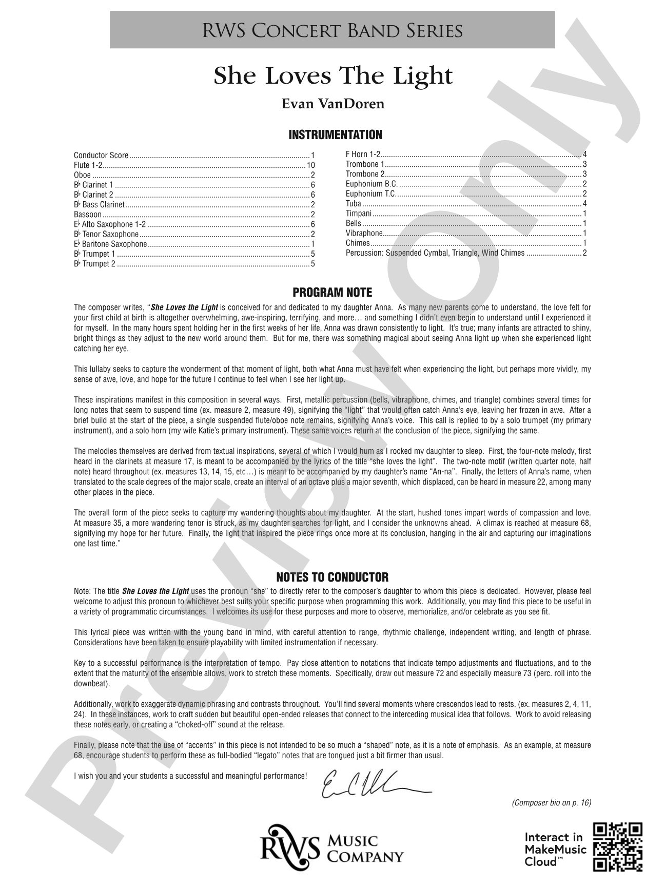 She Loves the Light: Concert Band Conductor Score & Parts