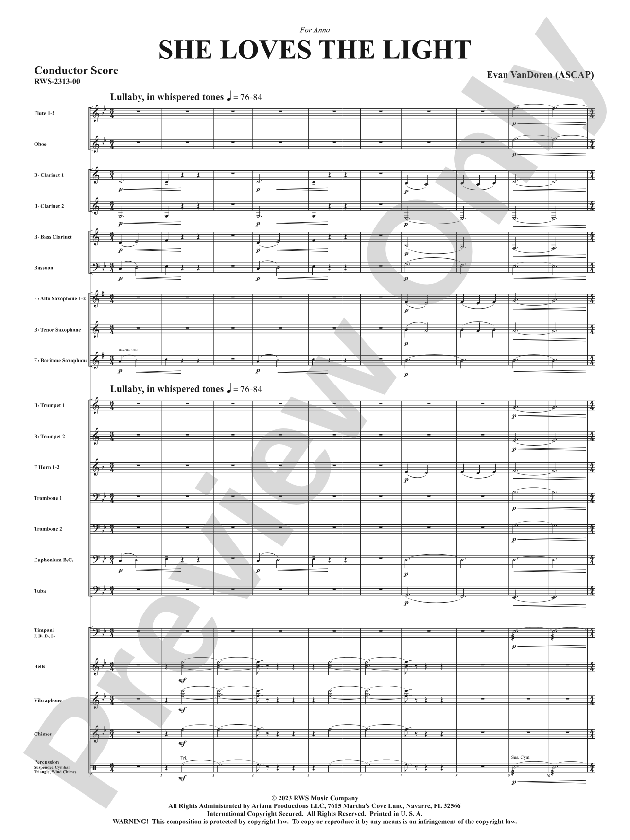 She Loves the Light: Concert Band Conductor Score & Parts