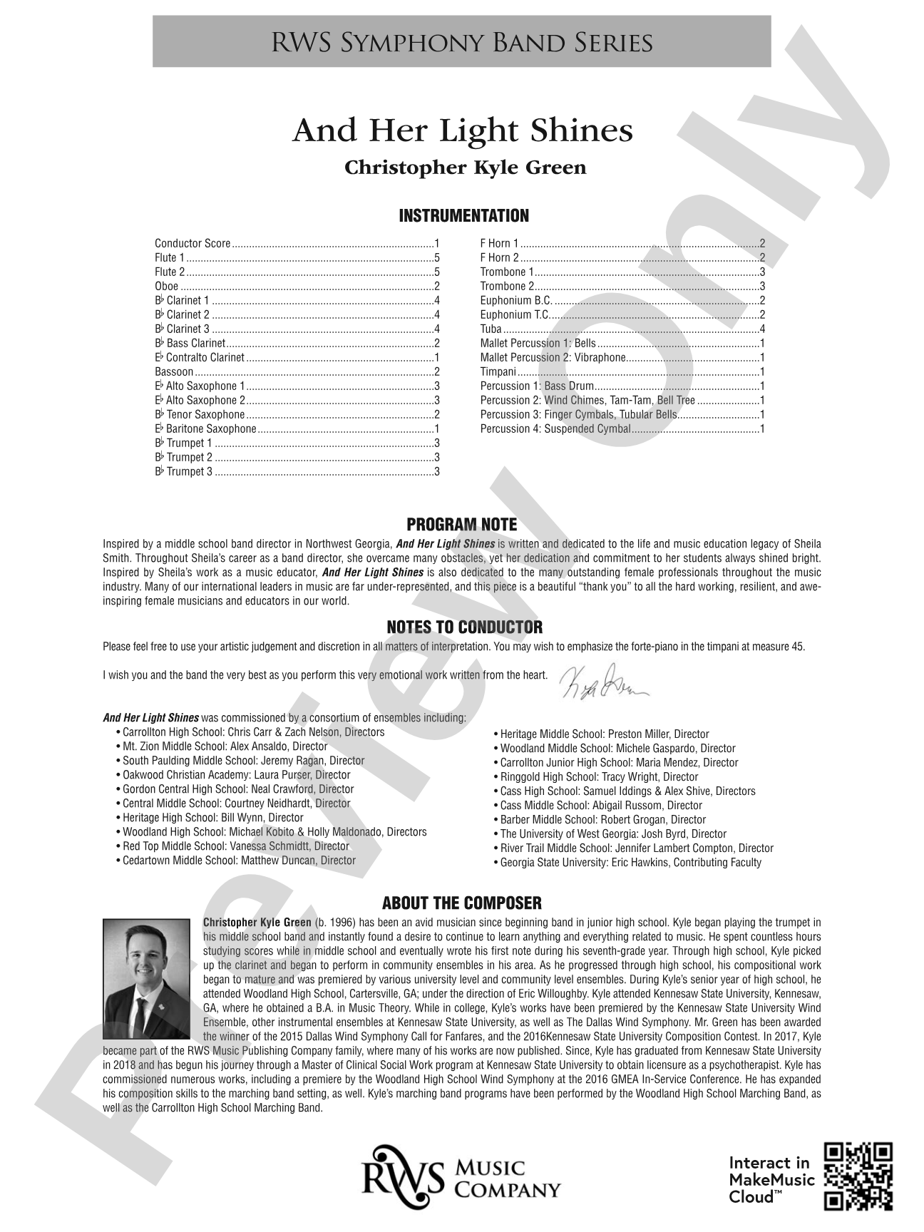 And Her Light Shines: Concert Band Conductor Score & Parts