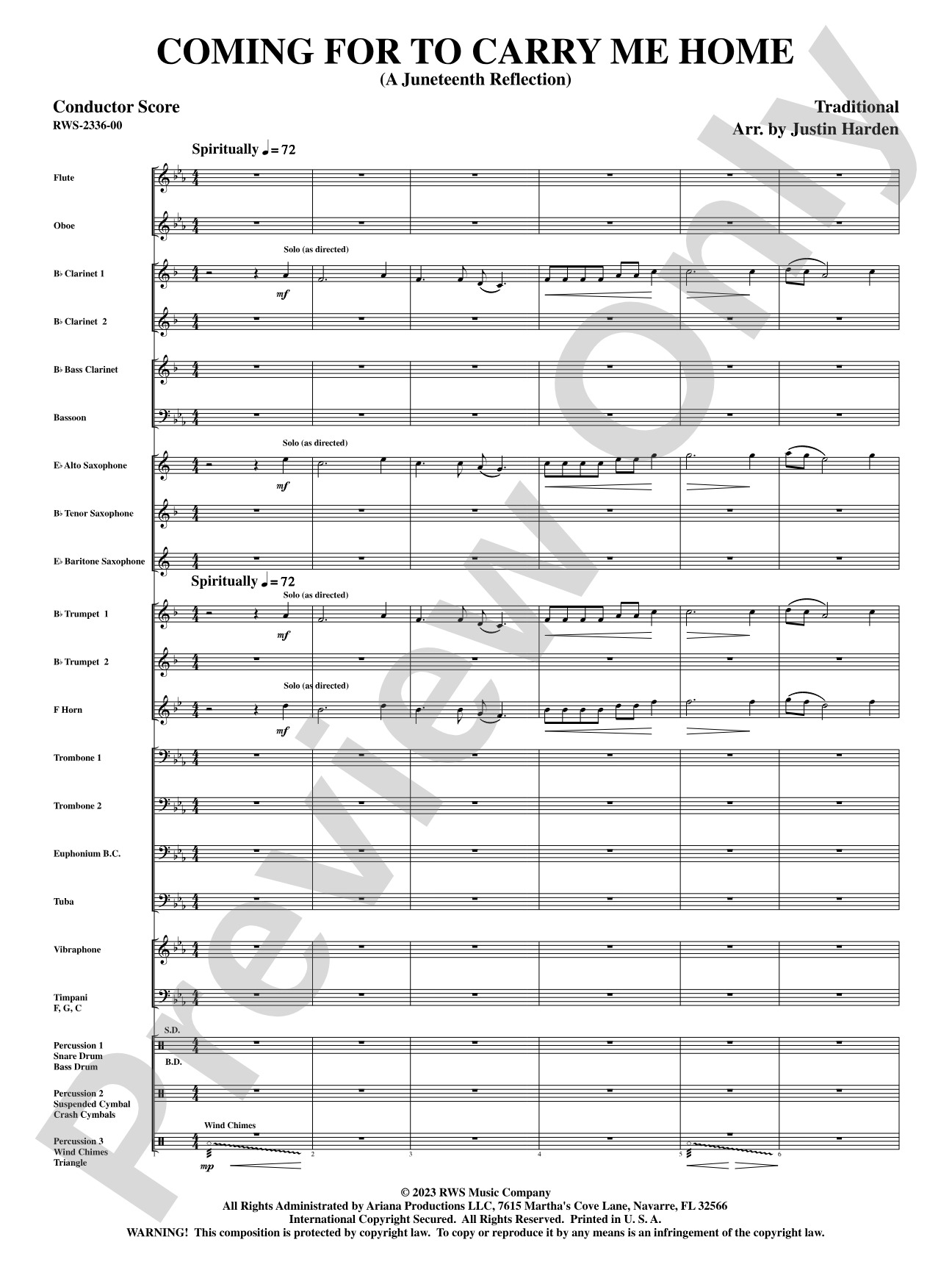 Coming for to Carry Me Home - A Juneteenth Reflection: Concert Band Conductor Score & Parts