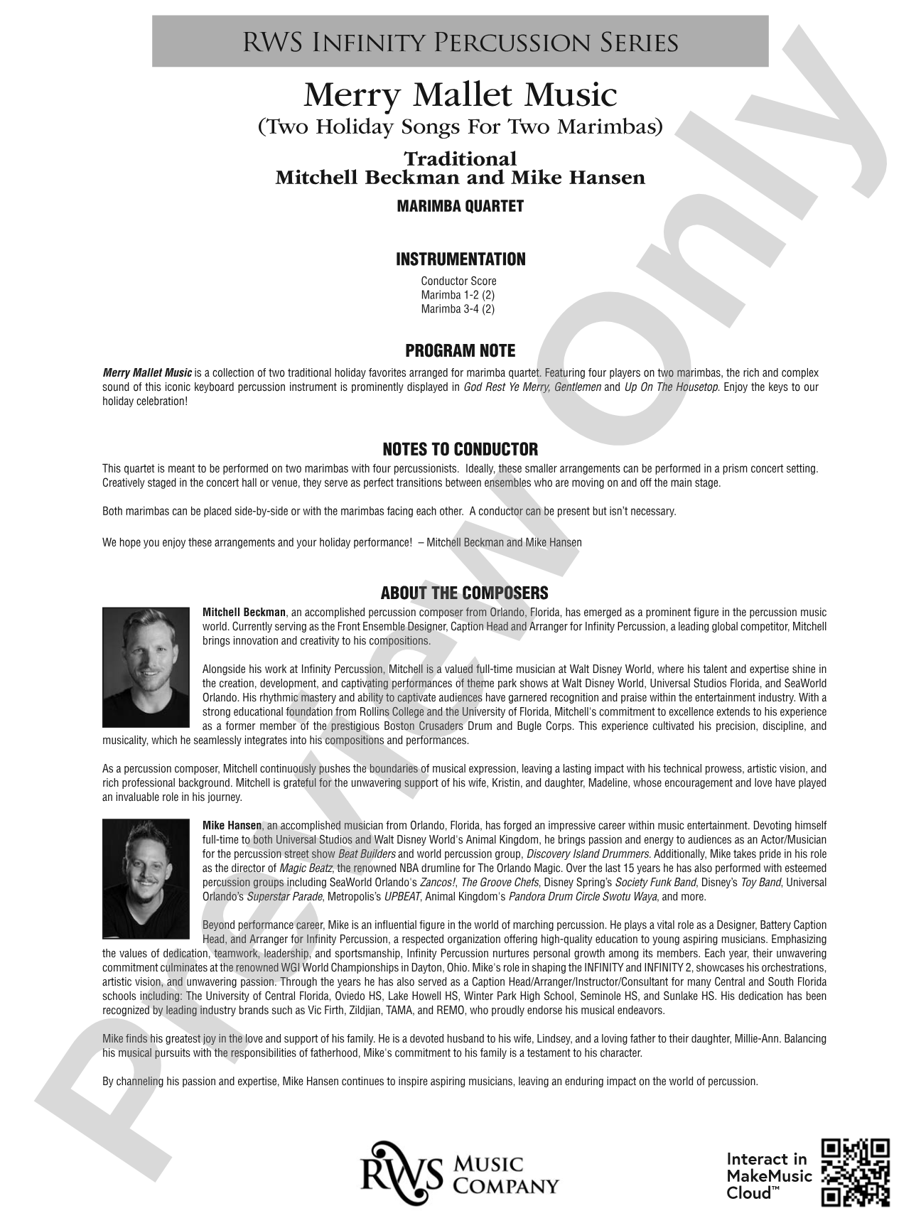 Merry Mallet Music - Two Holiday Songs for Two Marimbas: Percussion Ensemble Conductor Score & Parts