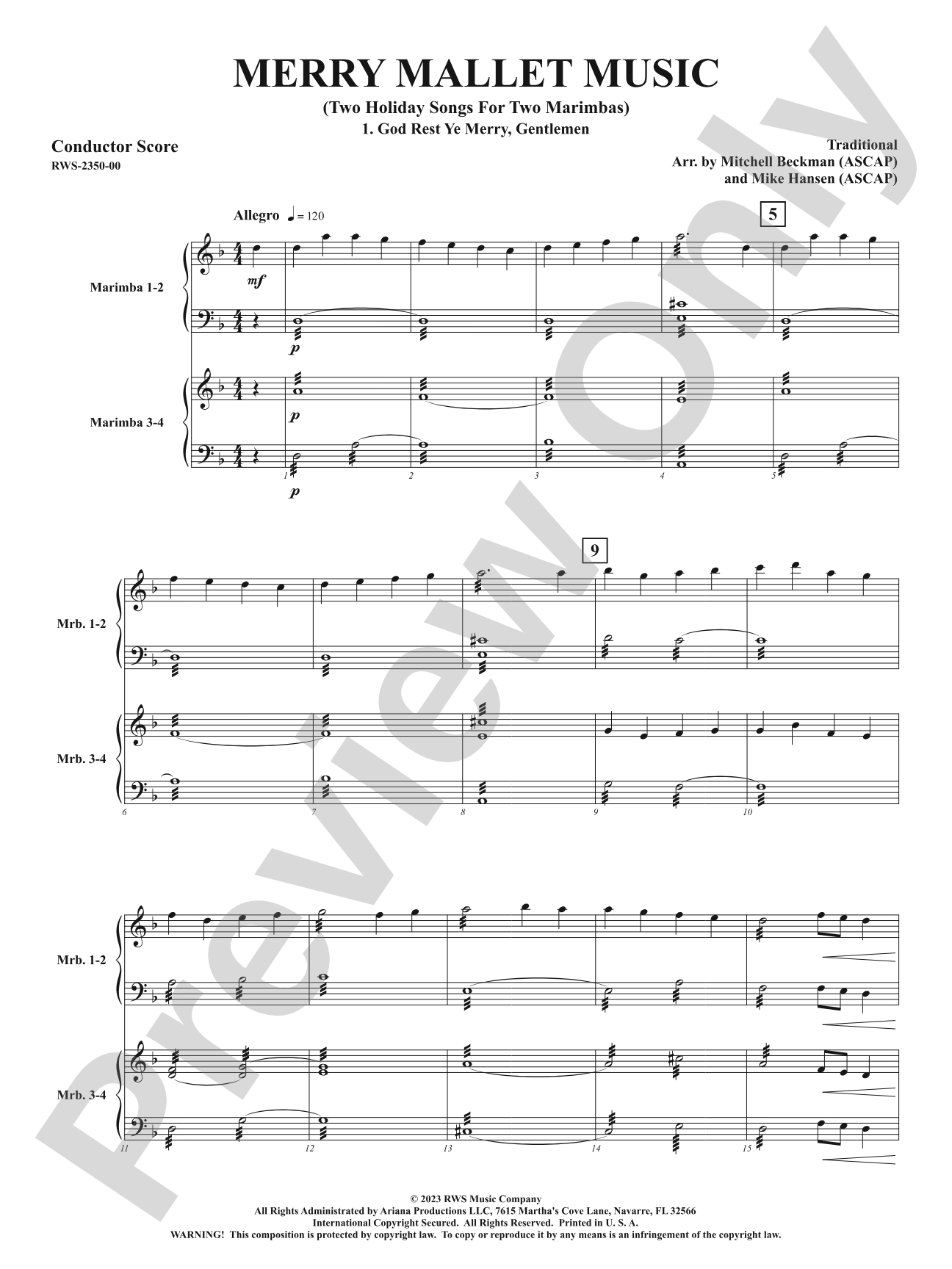 Merry Mallet Music - Two Holiday Songs for Two Marimbas: Percussion Ensemble Conductor Score & Parts