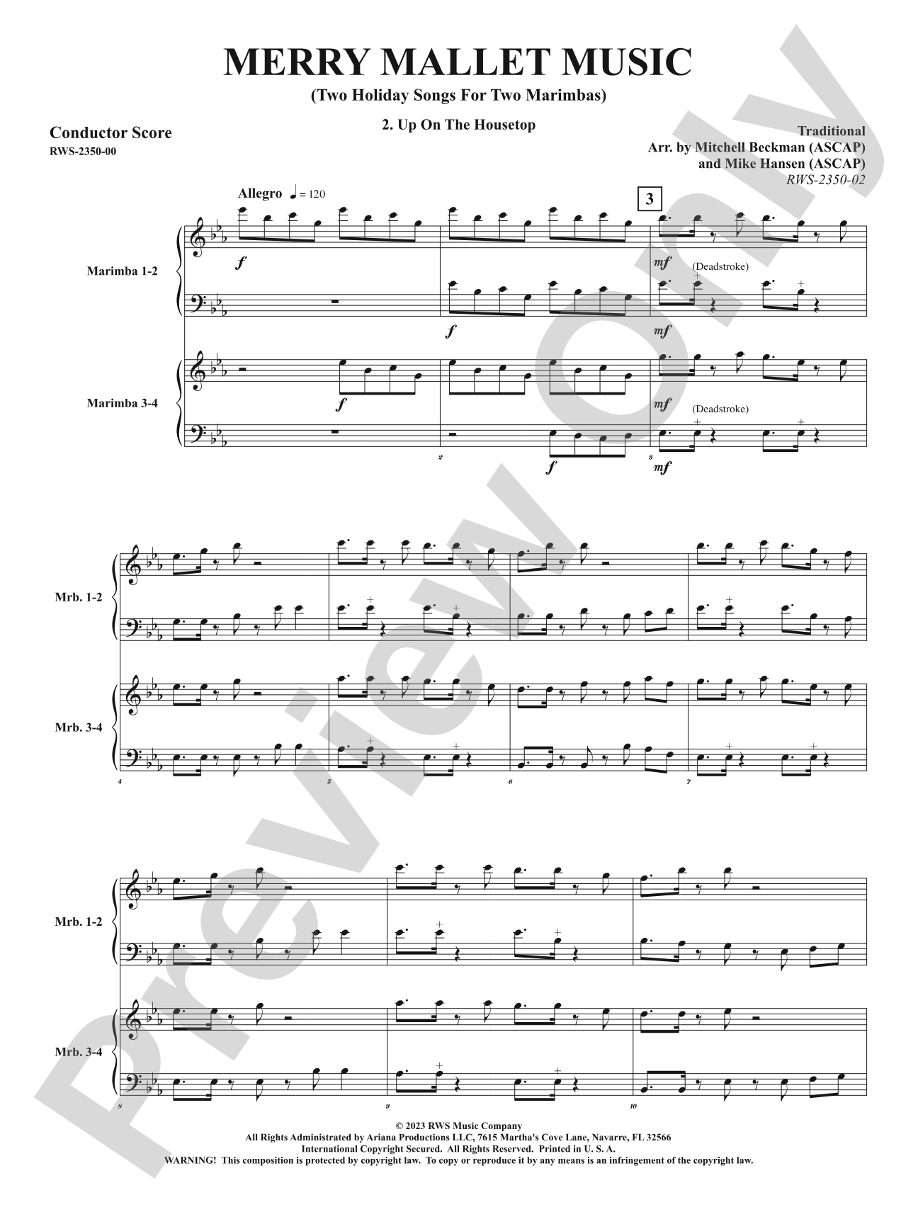 Merry Mallet Music - Two Holiday Songs for Two Marimbas: Percussion Ensemble Conductor Score & Parts