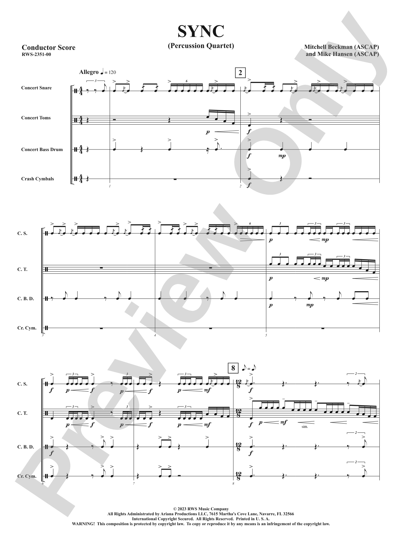 Sync - Percussion Quartet: Percussion Ensemble Conductor Score & Parts