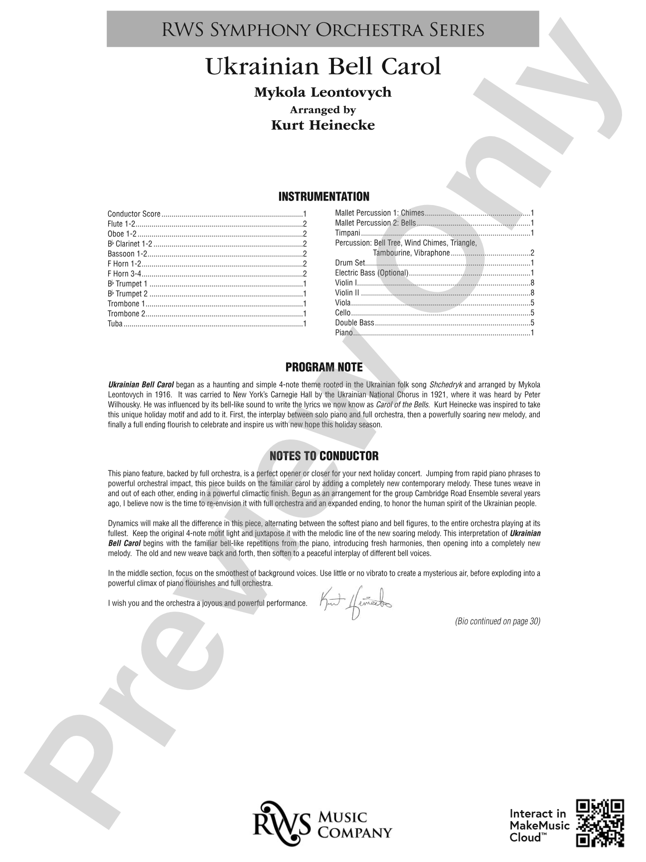Ukrainian Bell Carol: Full Orchestra Conductor Score & Parts