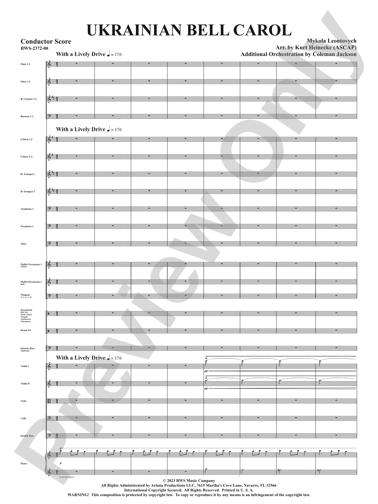 Ukrainian Bell Carol: Full Orchestra Conductor Score & Parts
