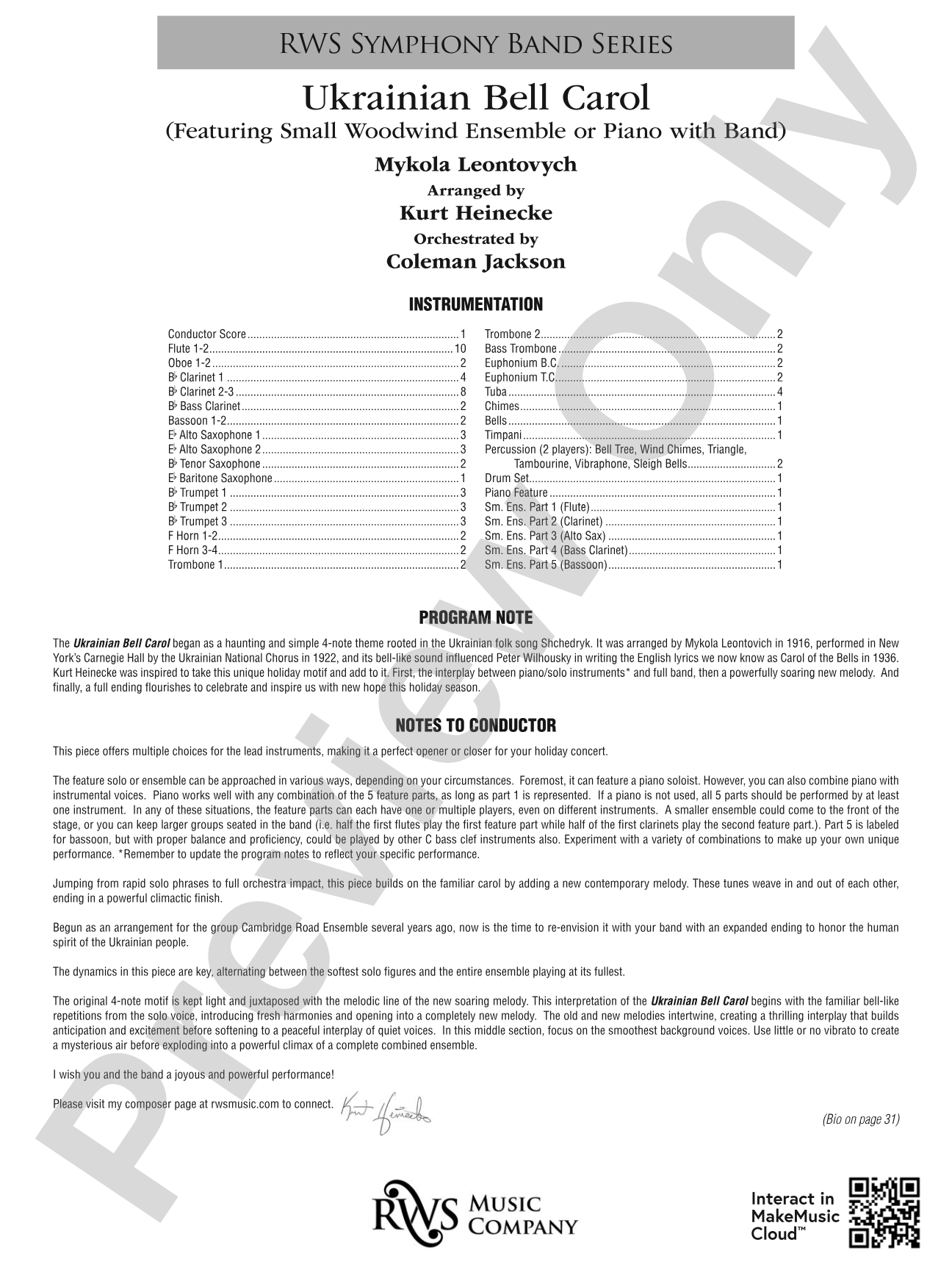Ukrainian Bell Carol (Featuring a Small Woodwind Ensemble or Piano with Band): Concert Band Conductor Score & Parts