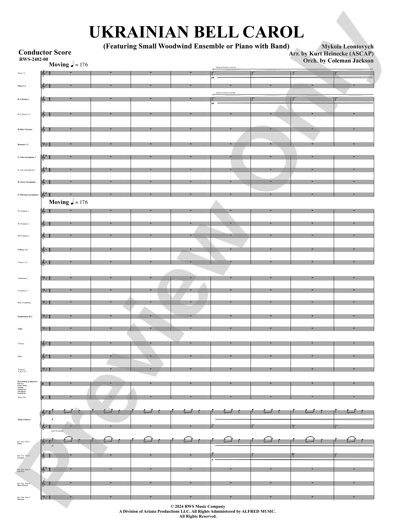 Ukrainian Bell Carol (Featuring a Small Woodwind Ensemble or Piano with Band): Concert Band Conductor Score & Parts
