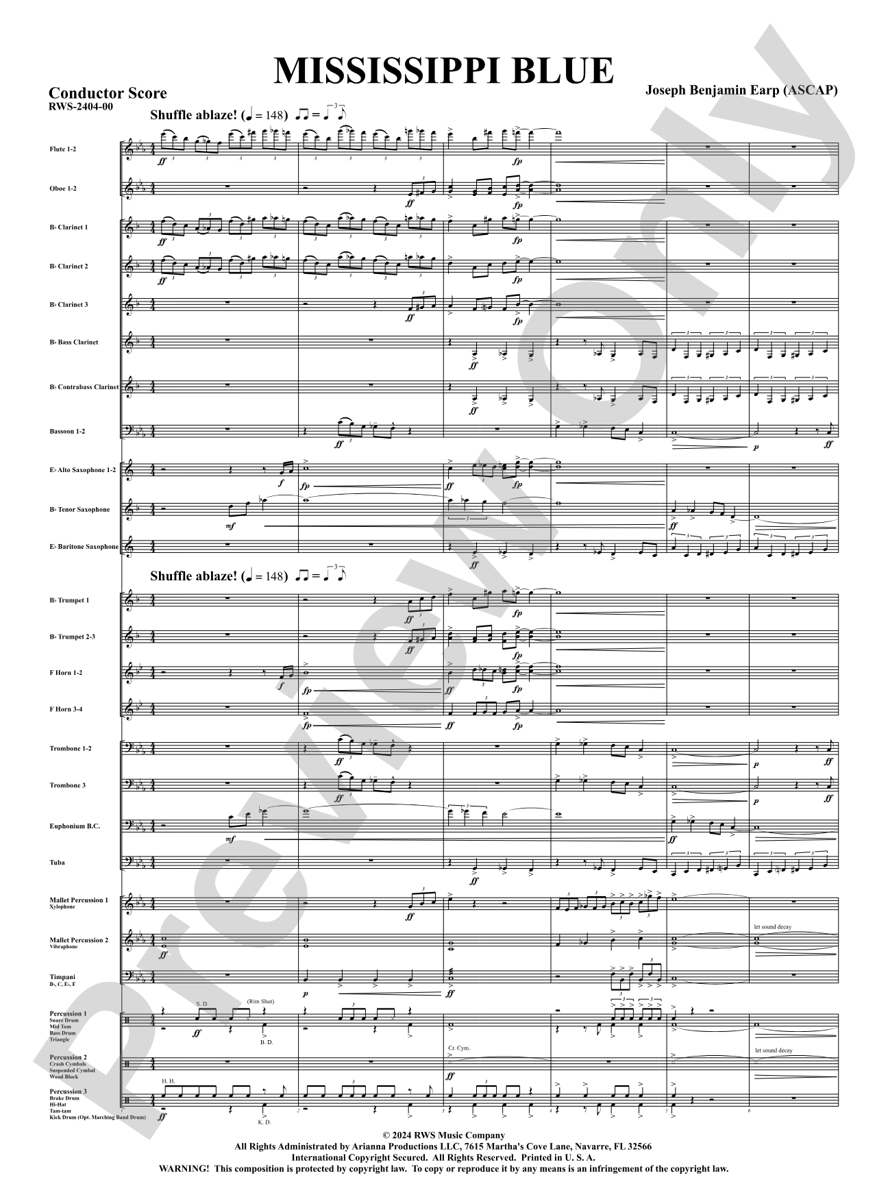 Mississippi Blue: Concert Band Conductor Score & Parts