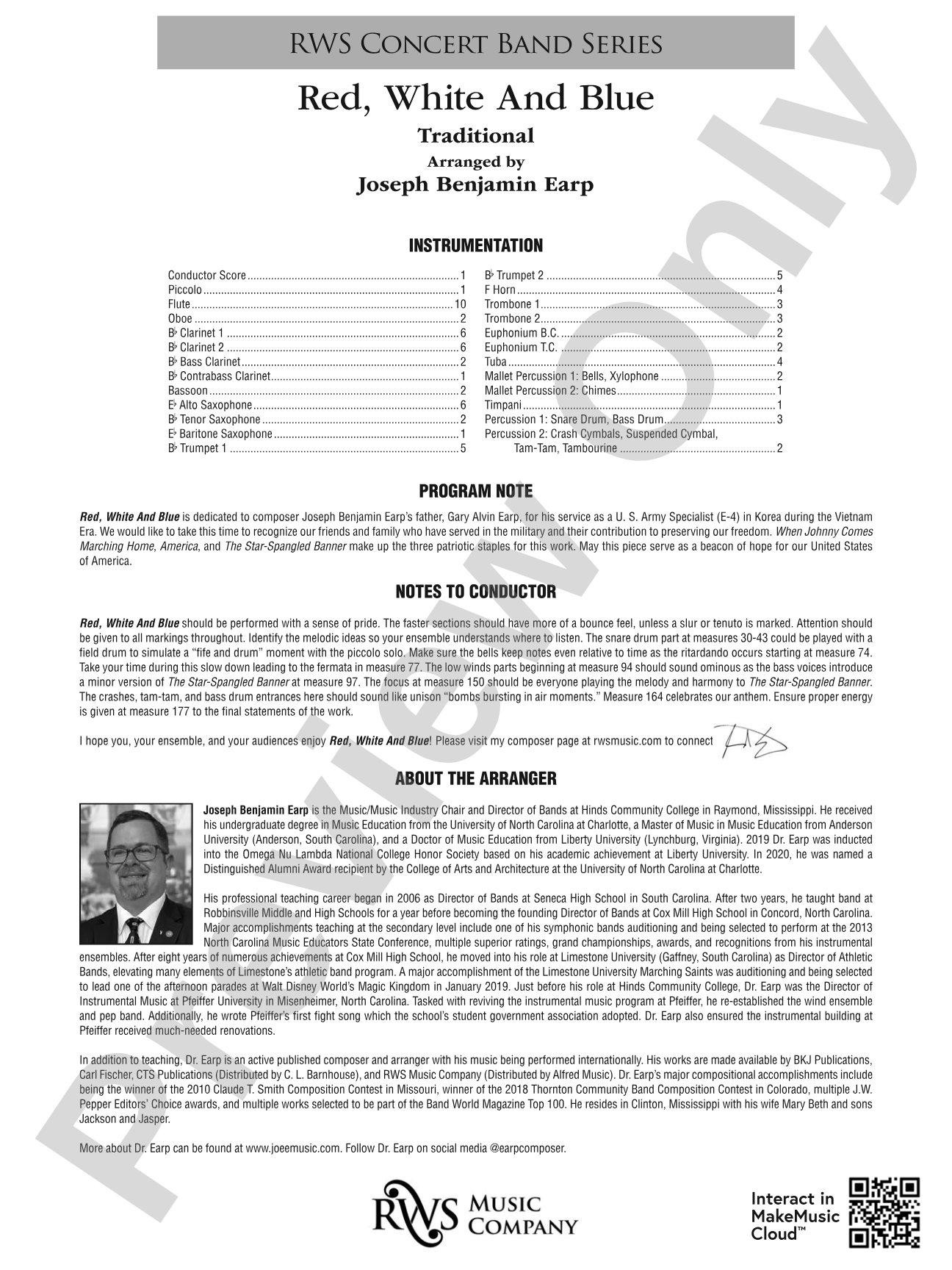 Red, White and Blue: Concert Band Conductor Score & Parts