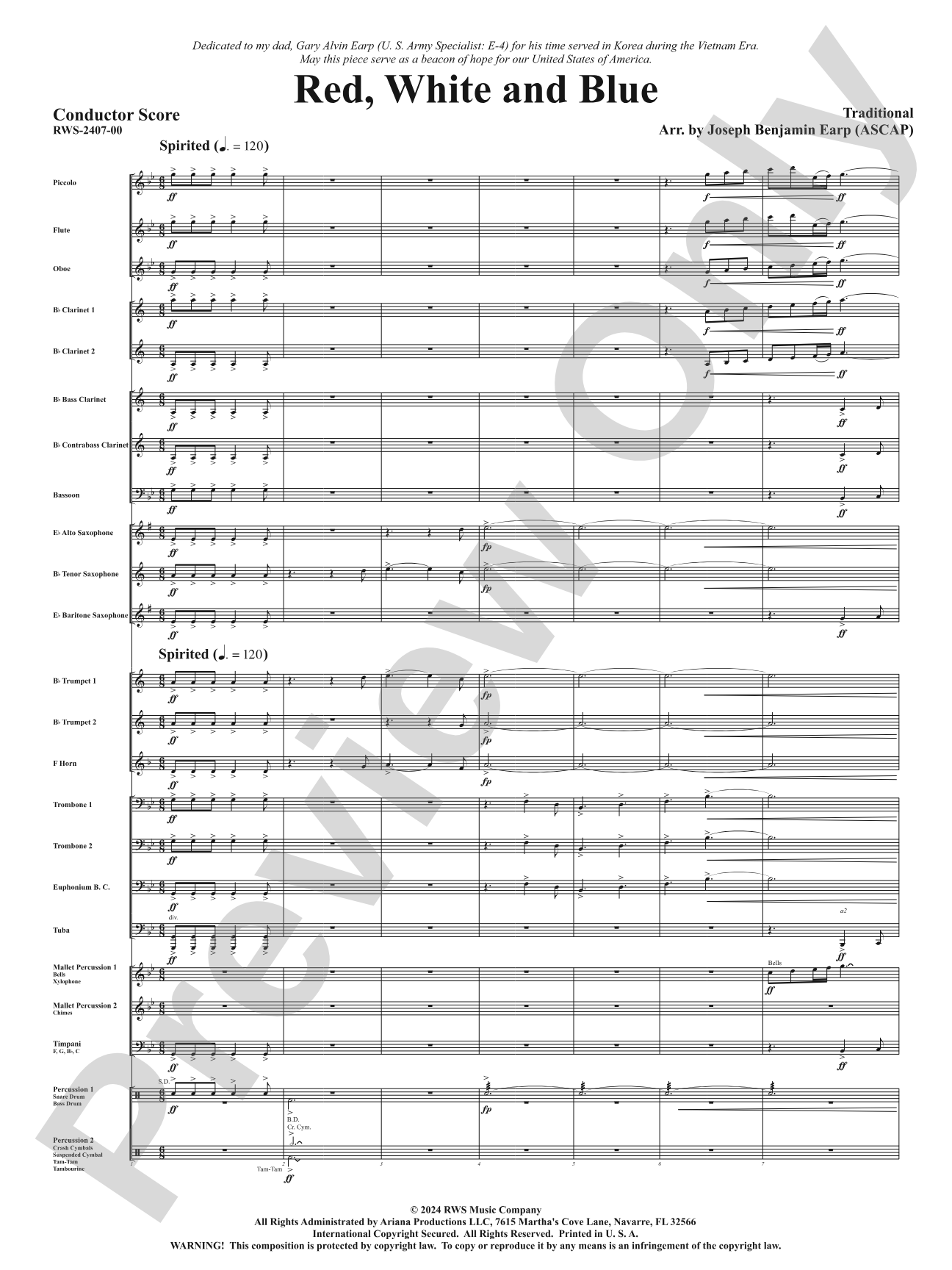 Red, White and Blue: Concert Band Conductor Score & Parts