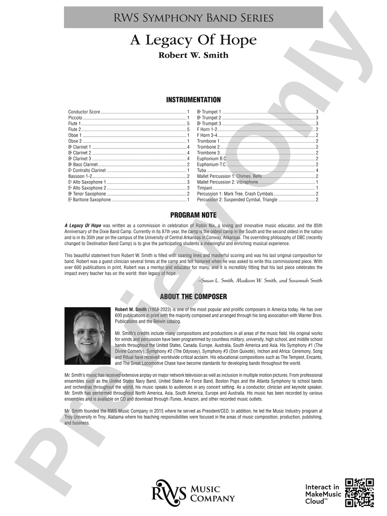 A Legacy of Hope: Score