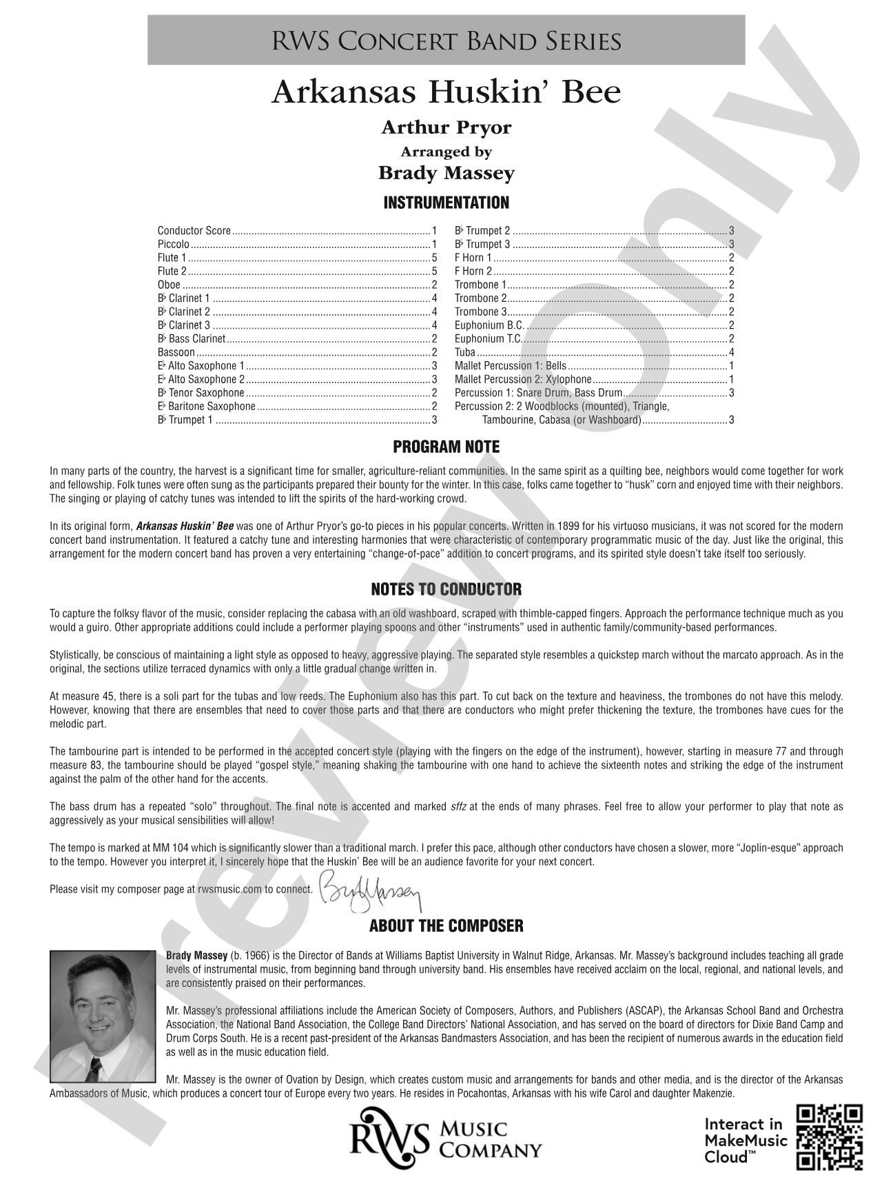 Arkansas Huskin' Bee: Concert Band Conductor Score & Parts
